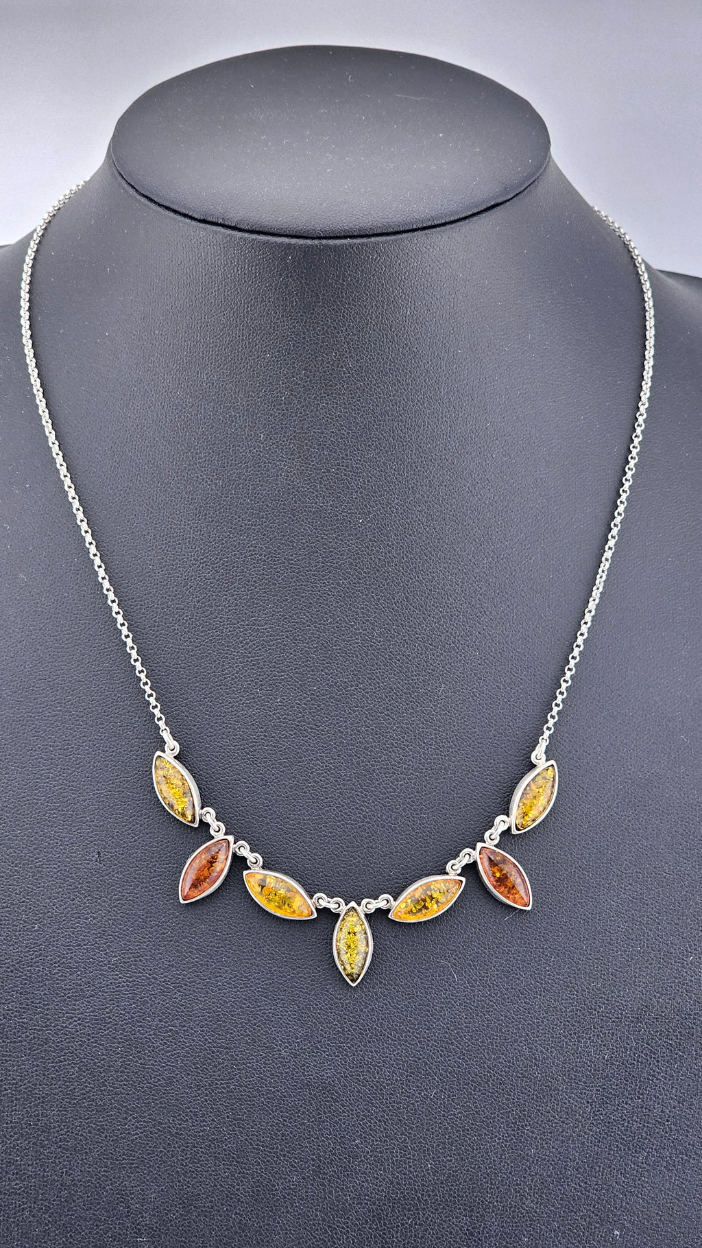 Multi-Tonal Baltic Amber & Sterling Silver Marquise Leaf Necklace