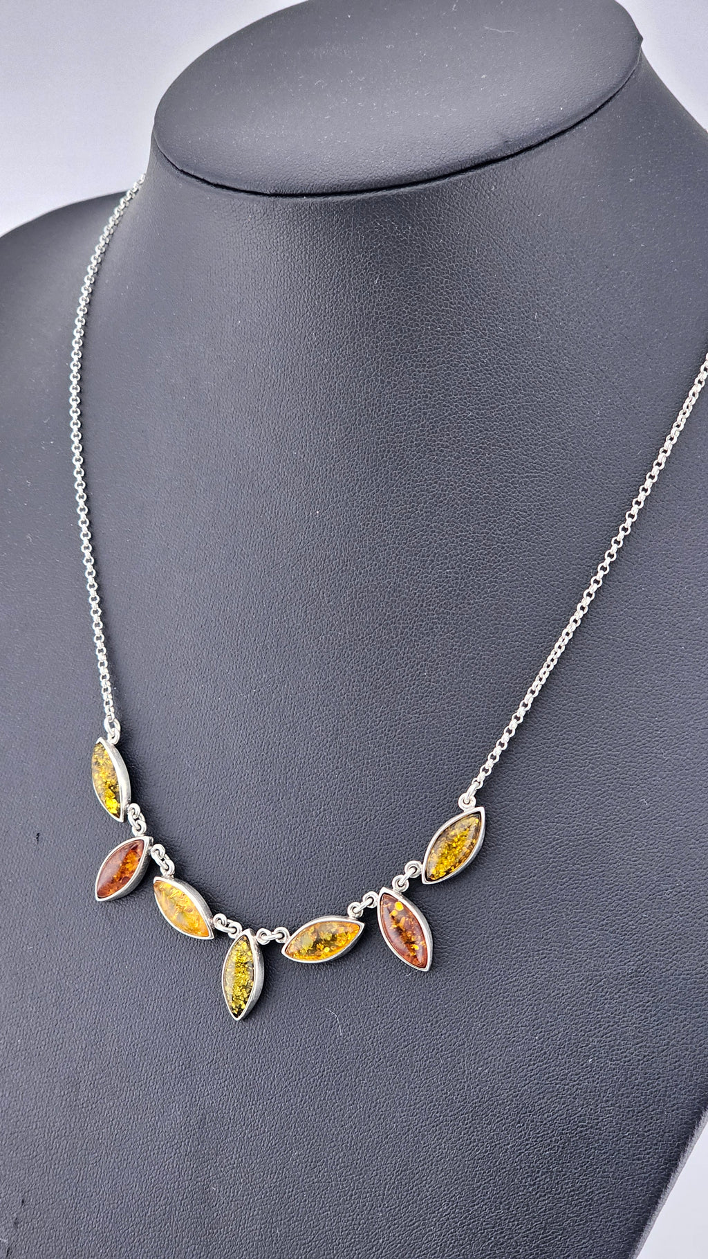 Multi-Tonal Baltic Amber & Sterling Silver Marquise Leaf Necklace