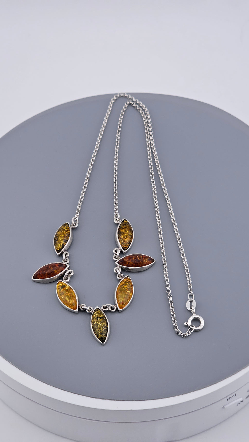 Multi-Tonal Baltic Amber & Sterling Silver Marquise Leaf Necklace