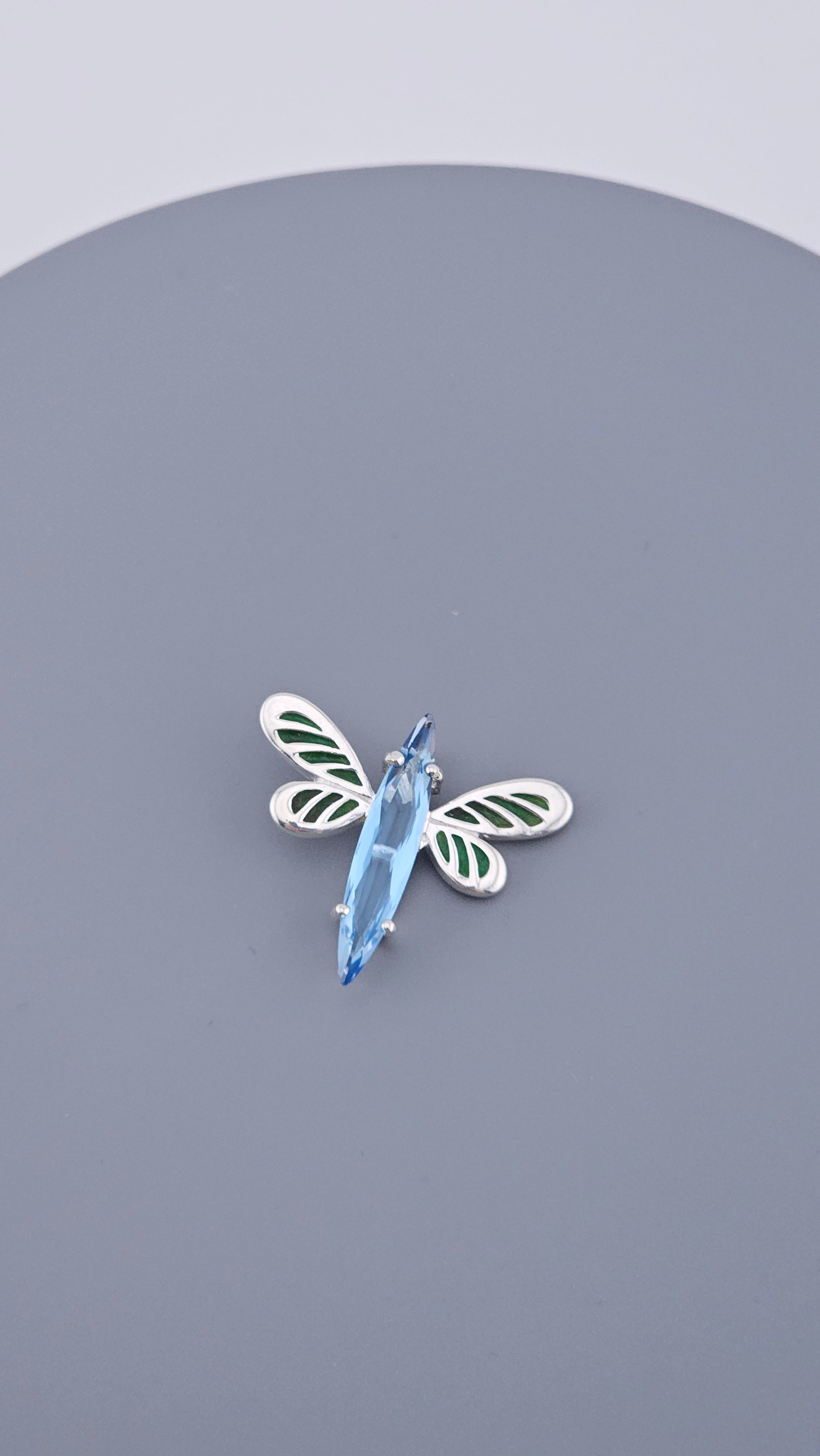 925 Sterling Silver Blue Topaz & Green Enamel Dragonfly Pendant