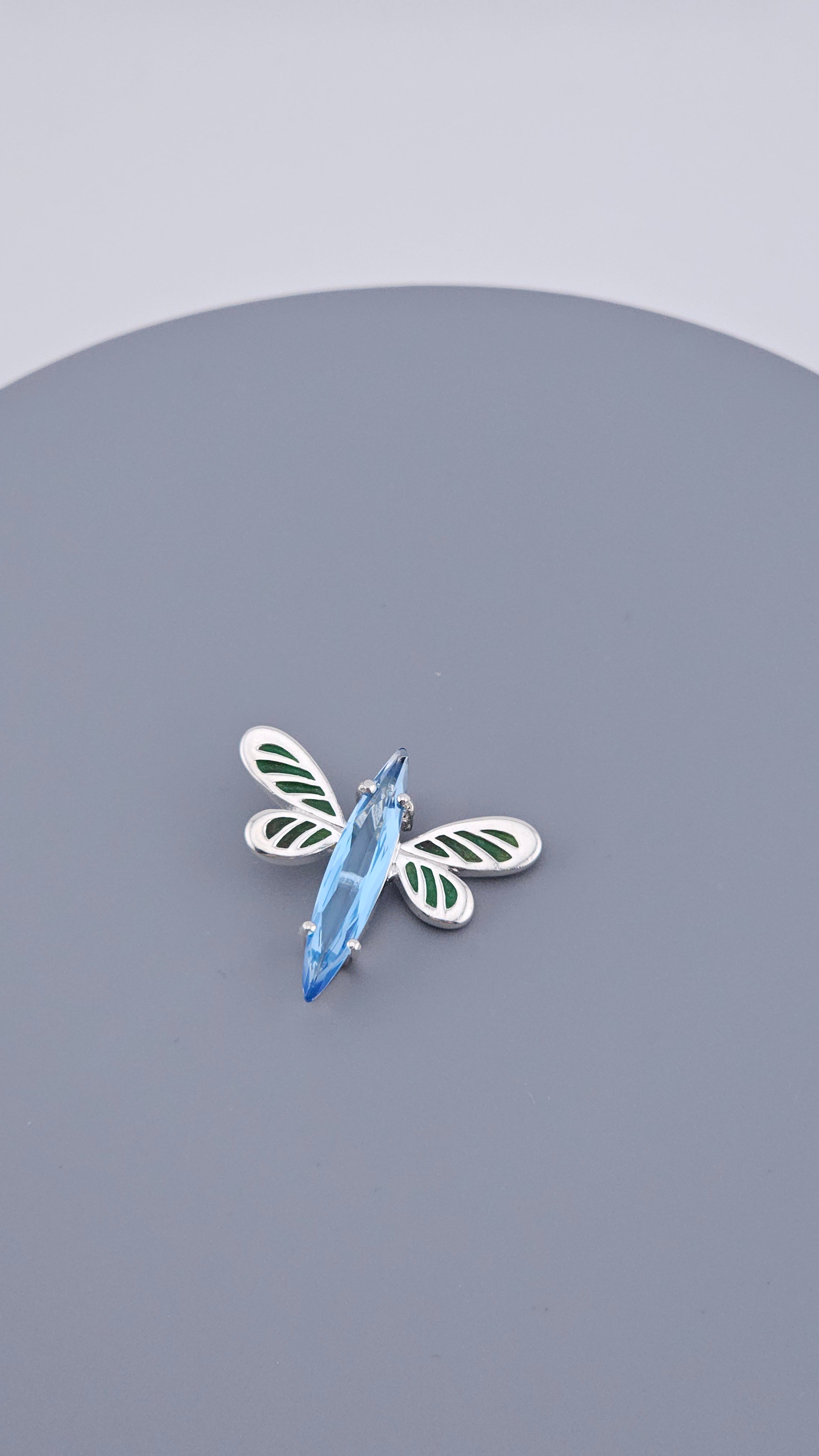 925 Sterling Silver Blue Topaz & Green Enamel Dragonfly Pendant