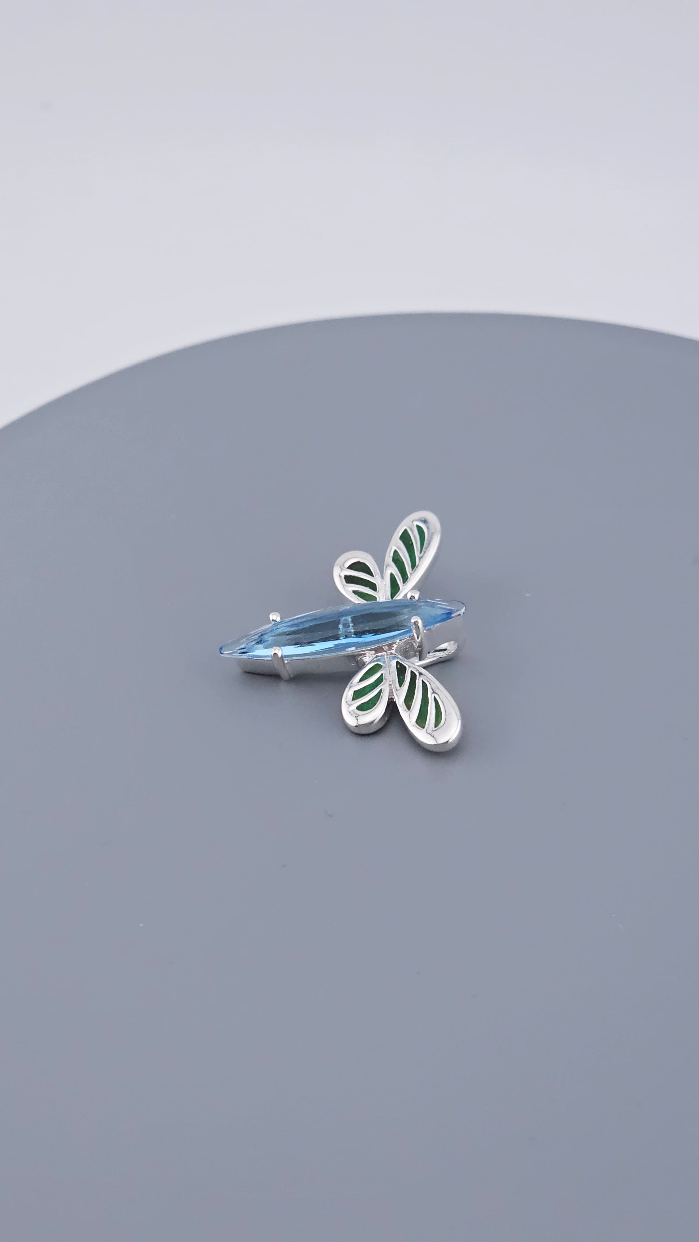 925 Sterling Silver Blue Topaz & Green Enamel Dragonfly Pendant