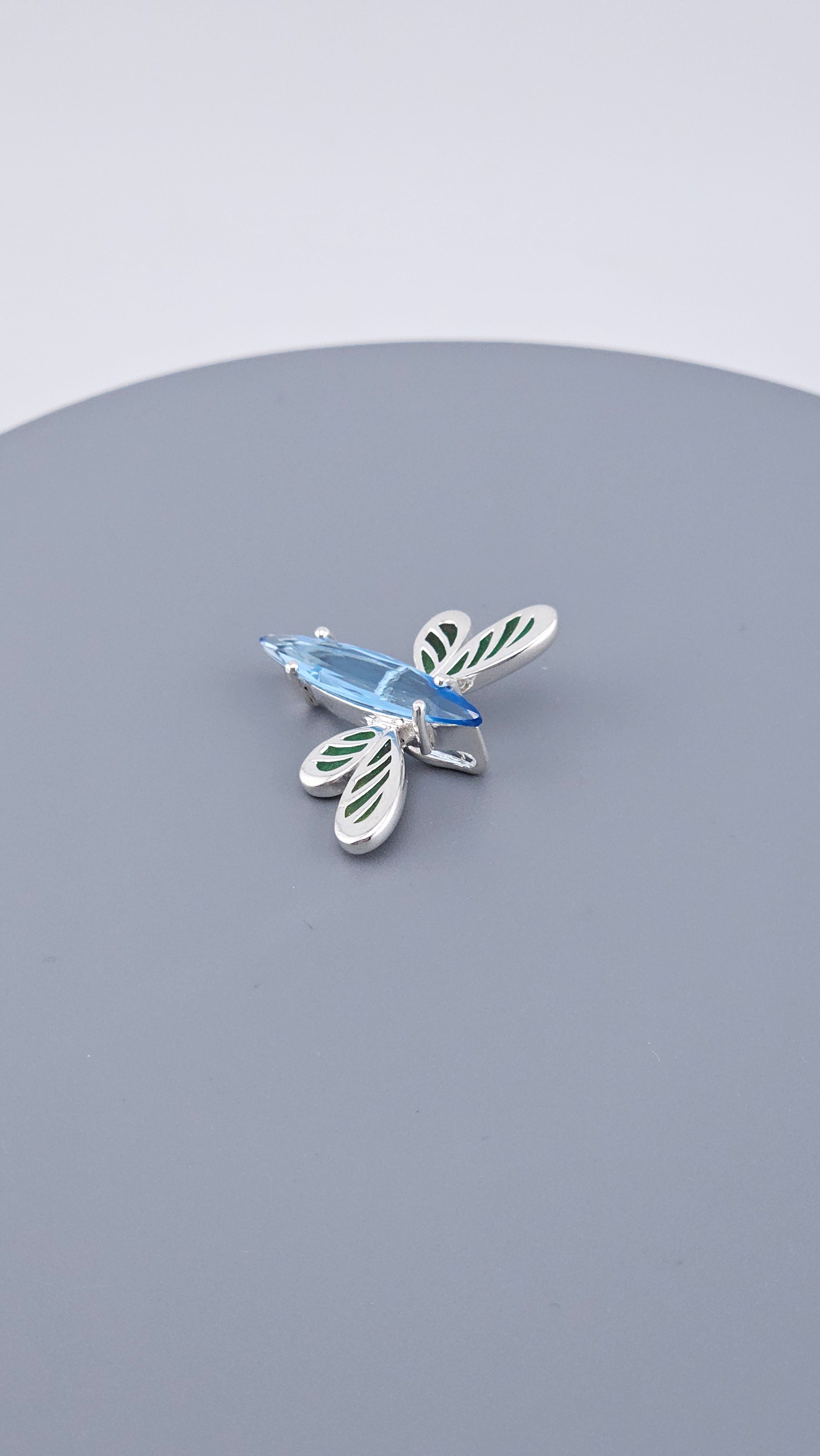925 Sterling Silver Blue Topaz & Green Enamel Dragonfly Pendant