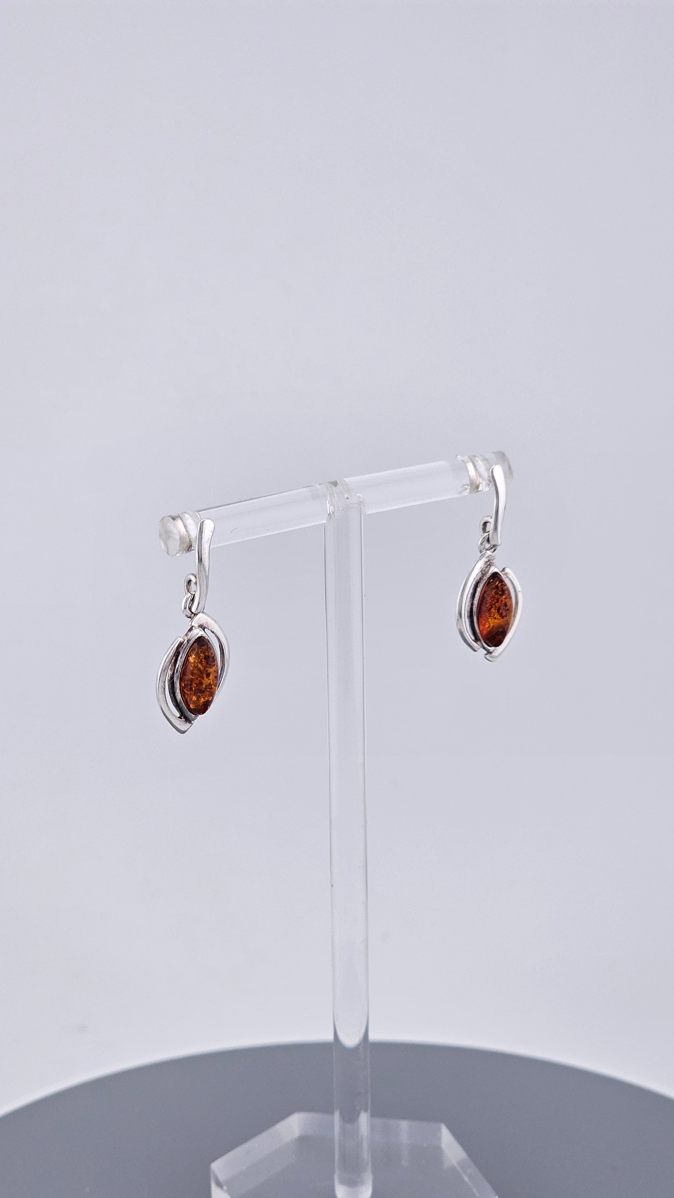 925 Sterling Silver & Cognac Amber Drop Earrings