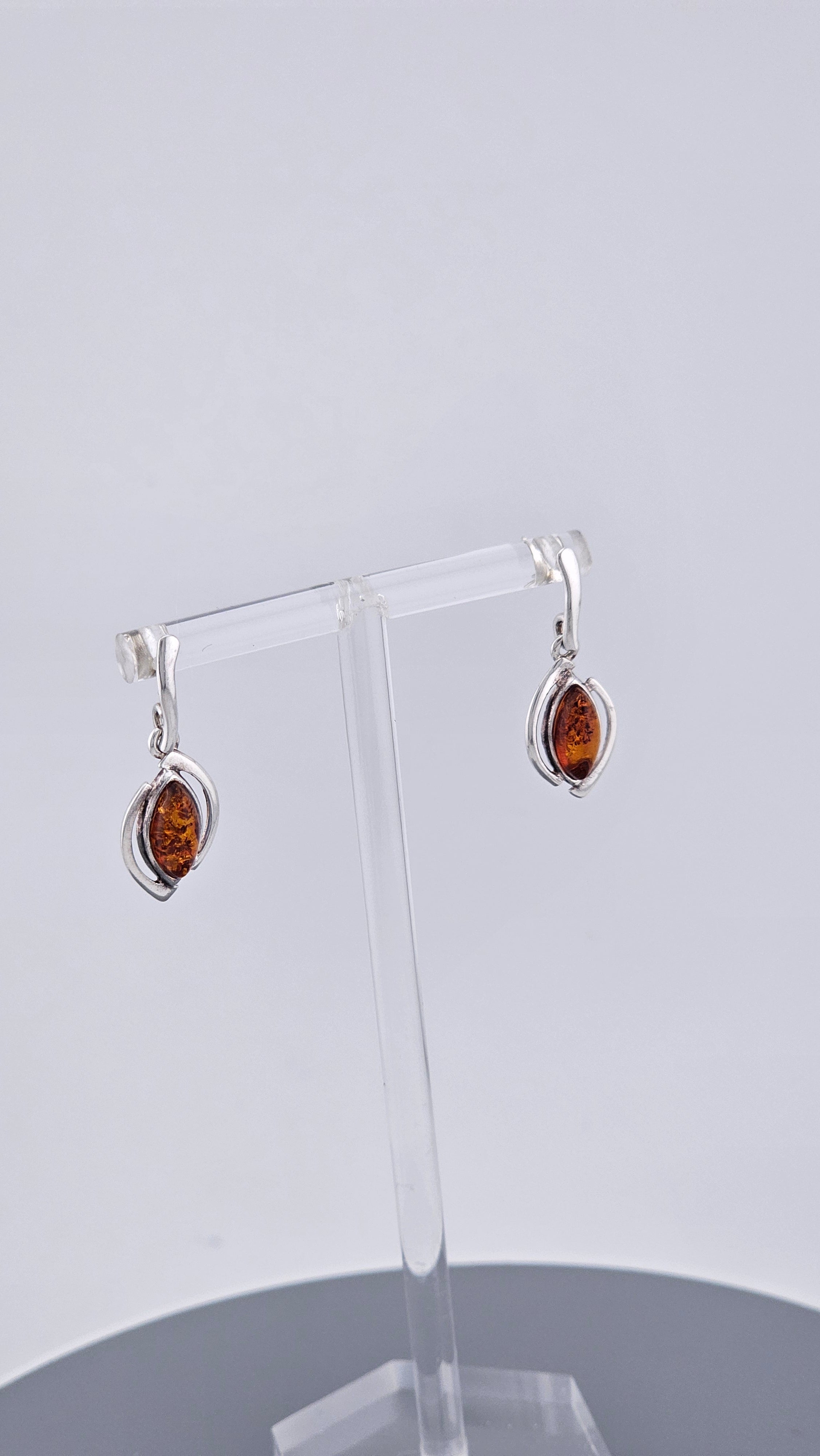 925 Sterling Silver & Cognac Amber Drop Earrings