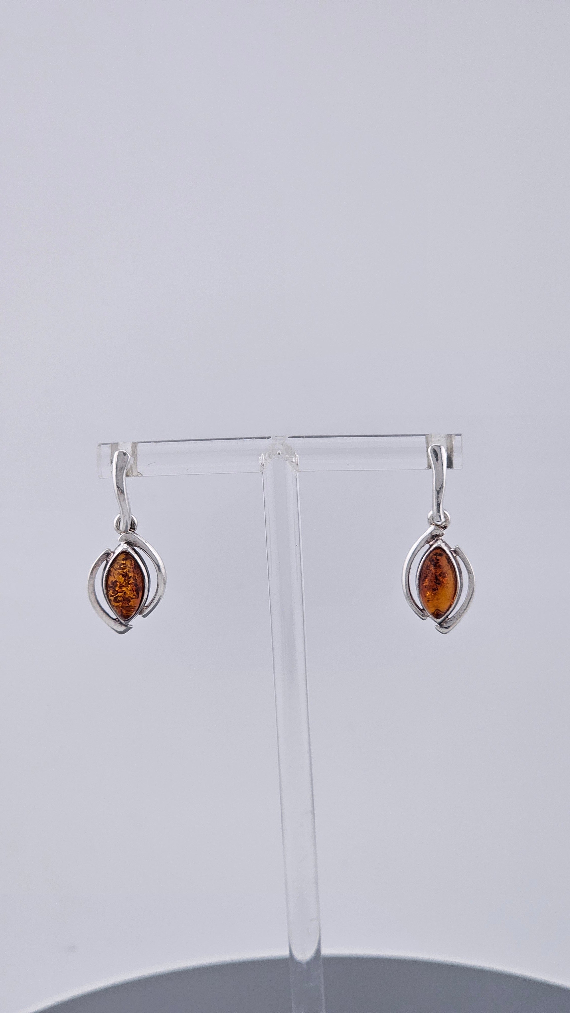 925 Sterling Silver & Cognac Amber Drop Earrings