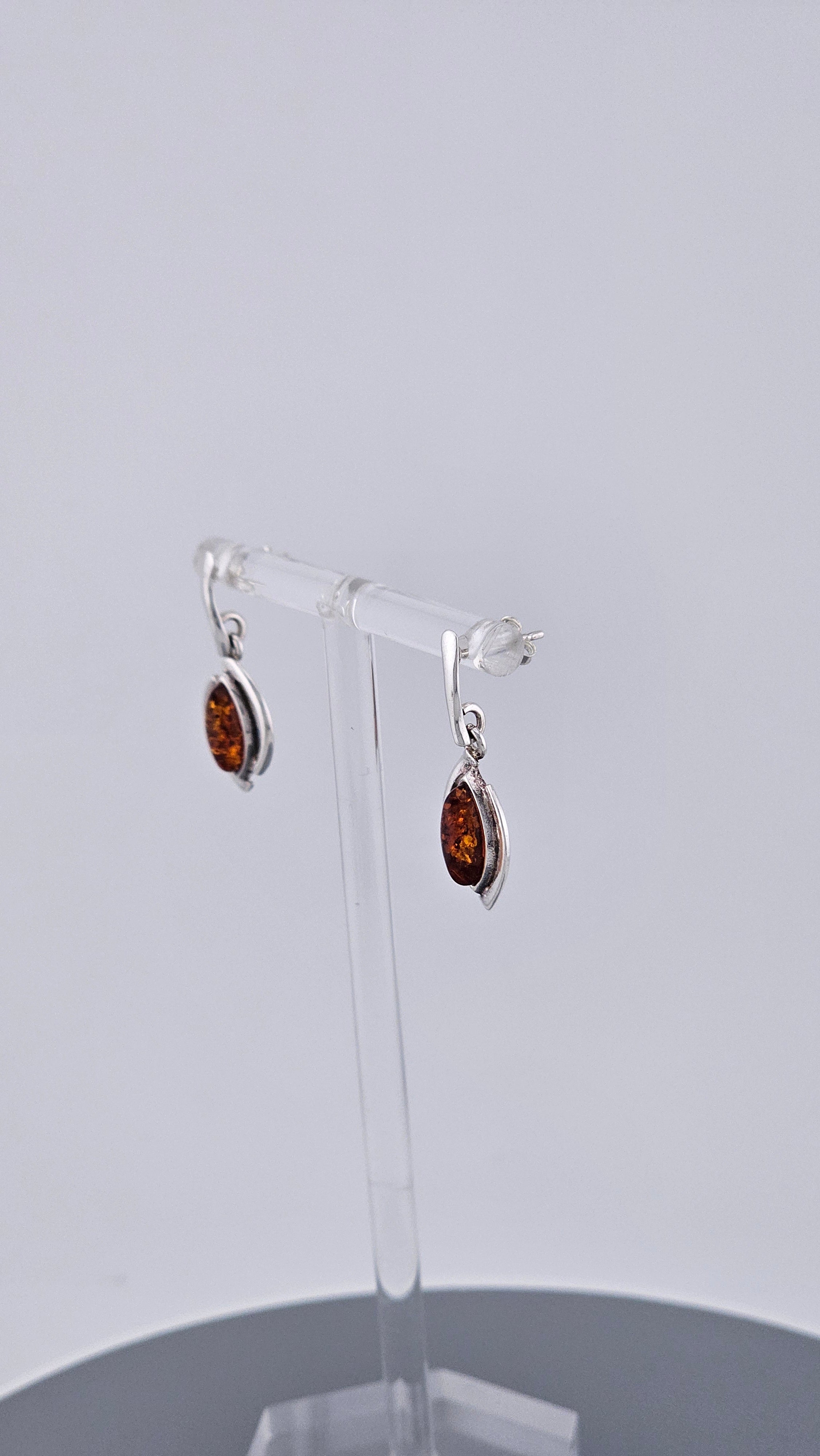 925 Sterling Silver & Cognac Amber Drop Earrings