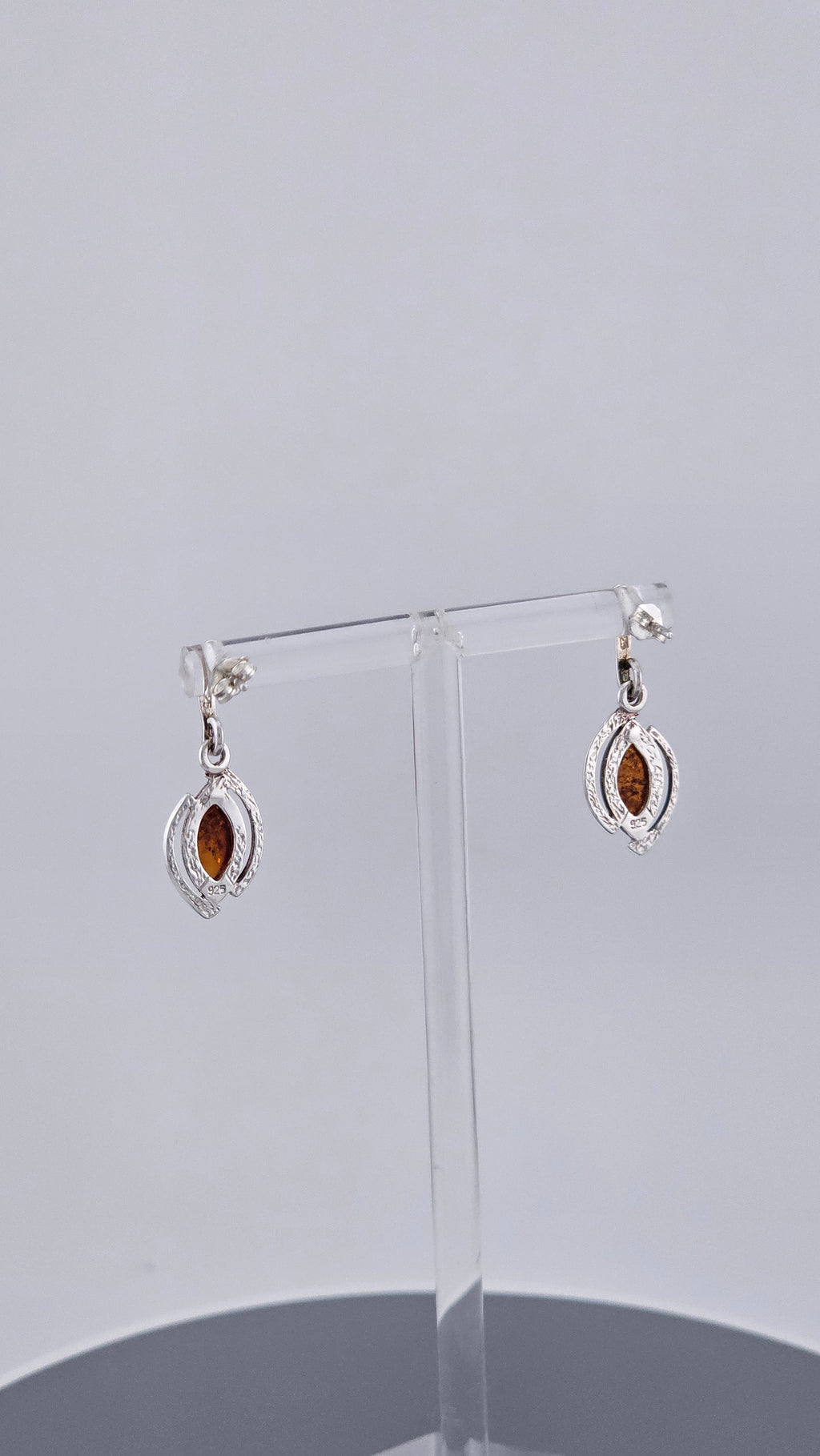 925 Sterling Silver & Cognac Amber Drop Earrings