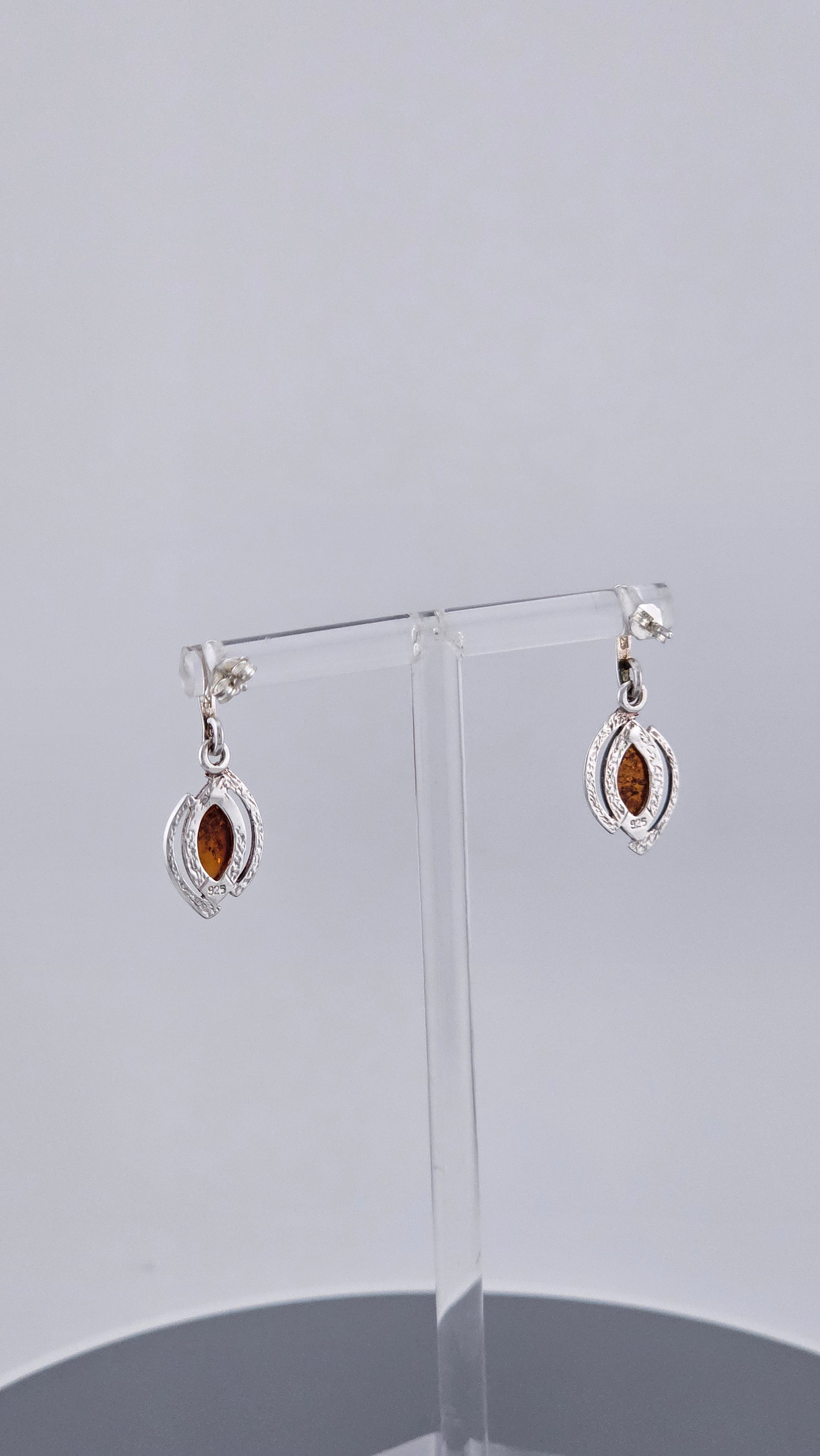 925 Sterling Silver & Cognac Amber Drop Earrings