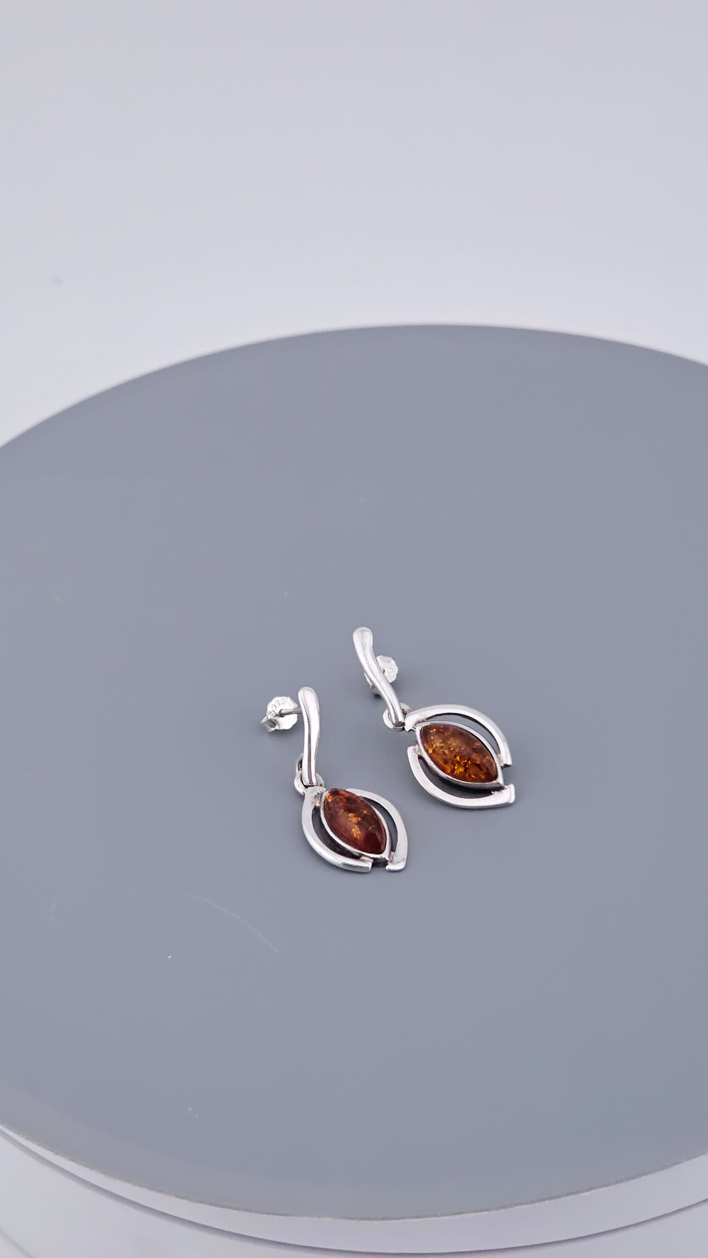 925 Sterling Silver & Cognac Amber Drop Earrings