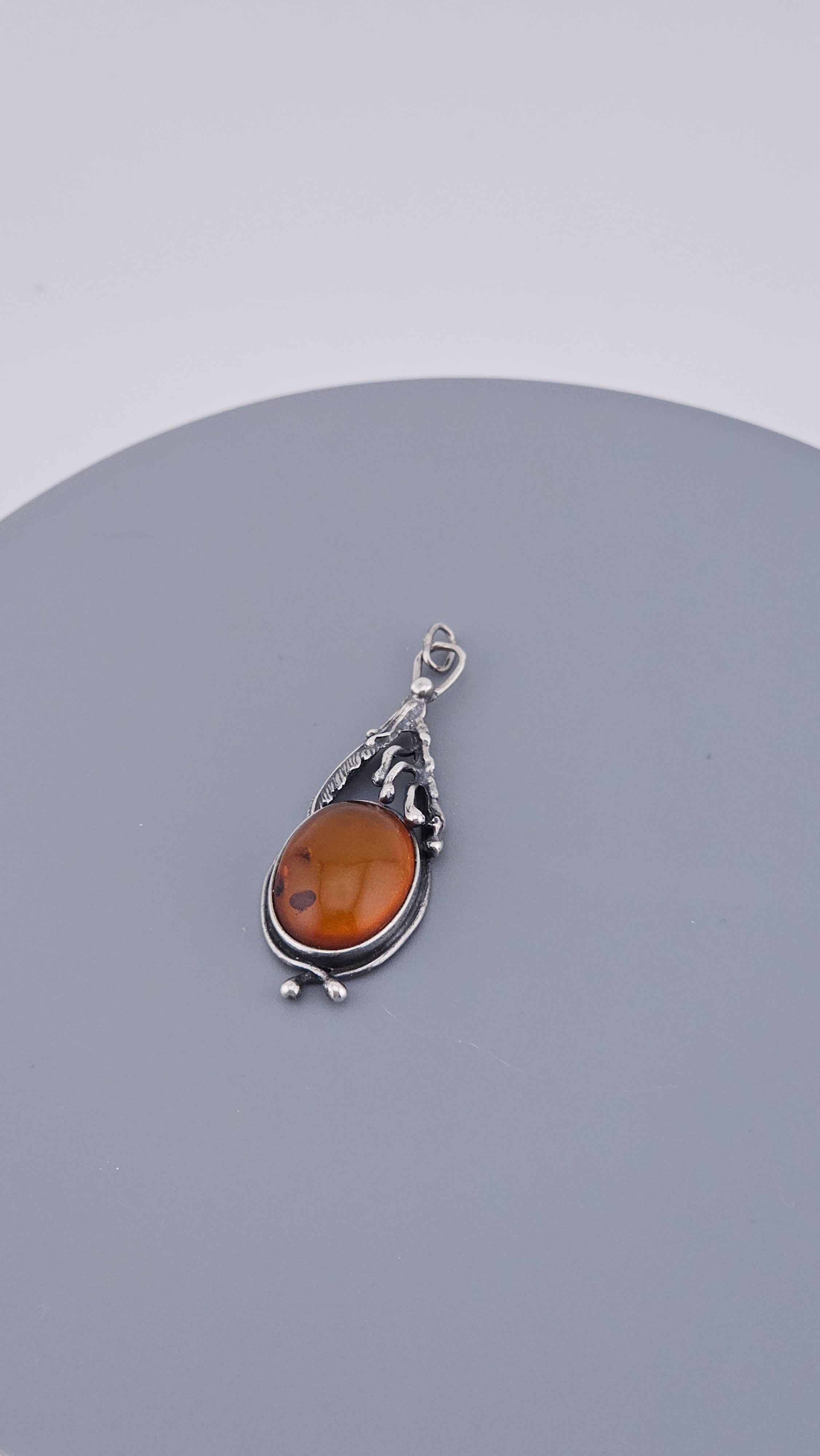Vintage Baltic Amber & Sterling Silver Botanical Pendant