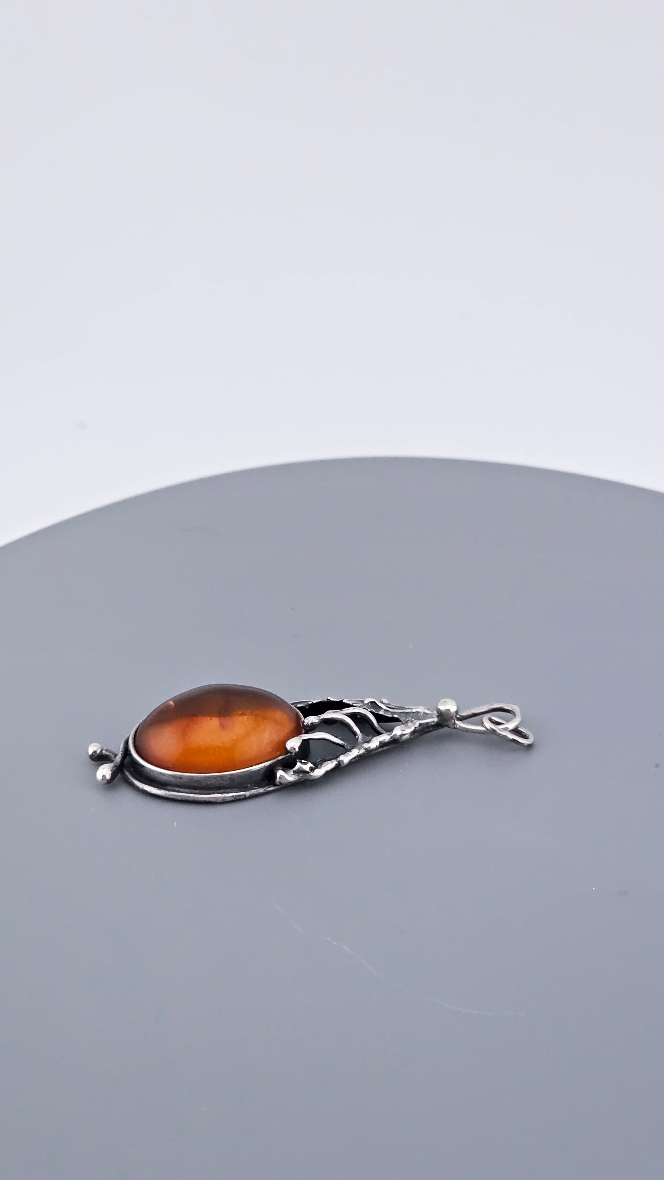 Vintage Baltic Amber & Sterling Silver Botanical Pendant