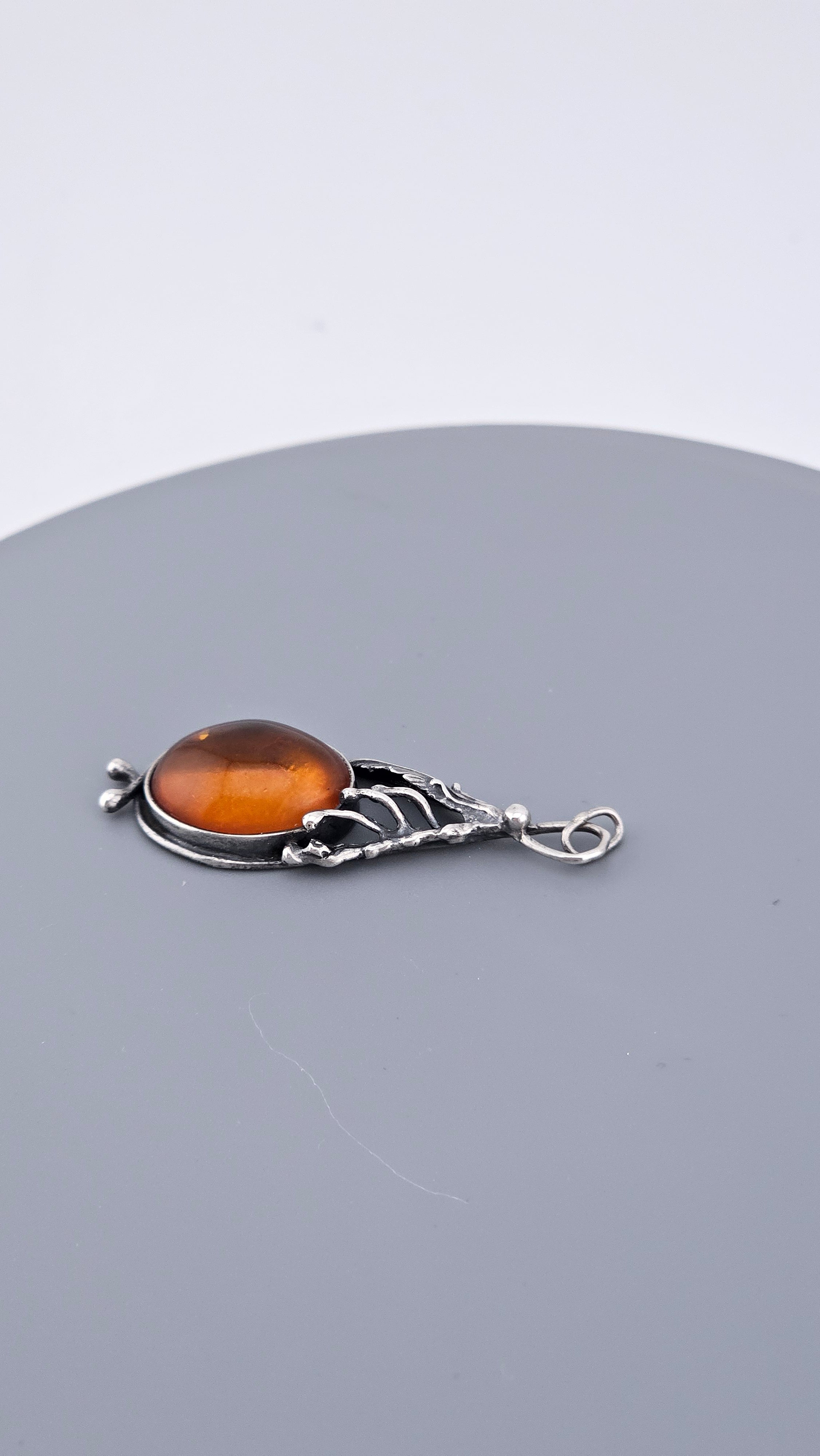 Vintage Baltic Amber & Sterling Silver Botanical Pendant