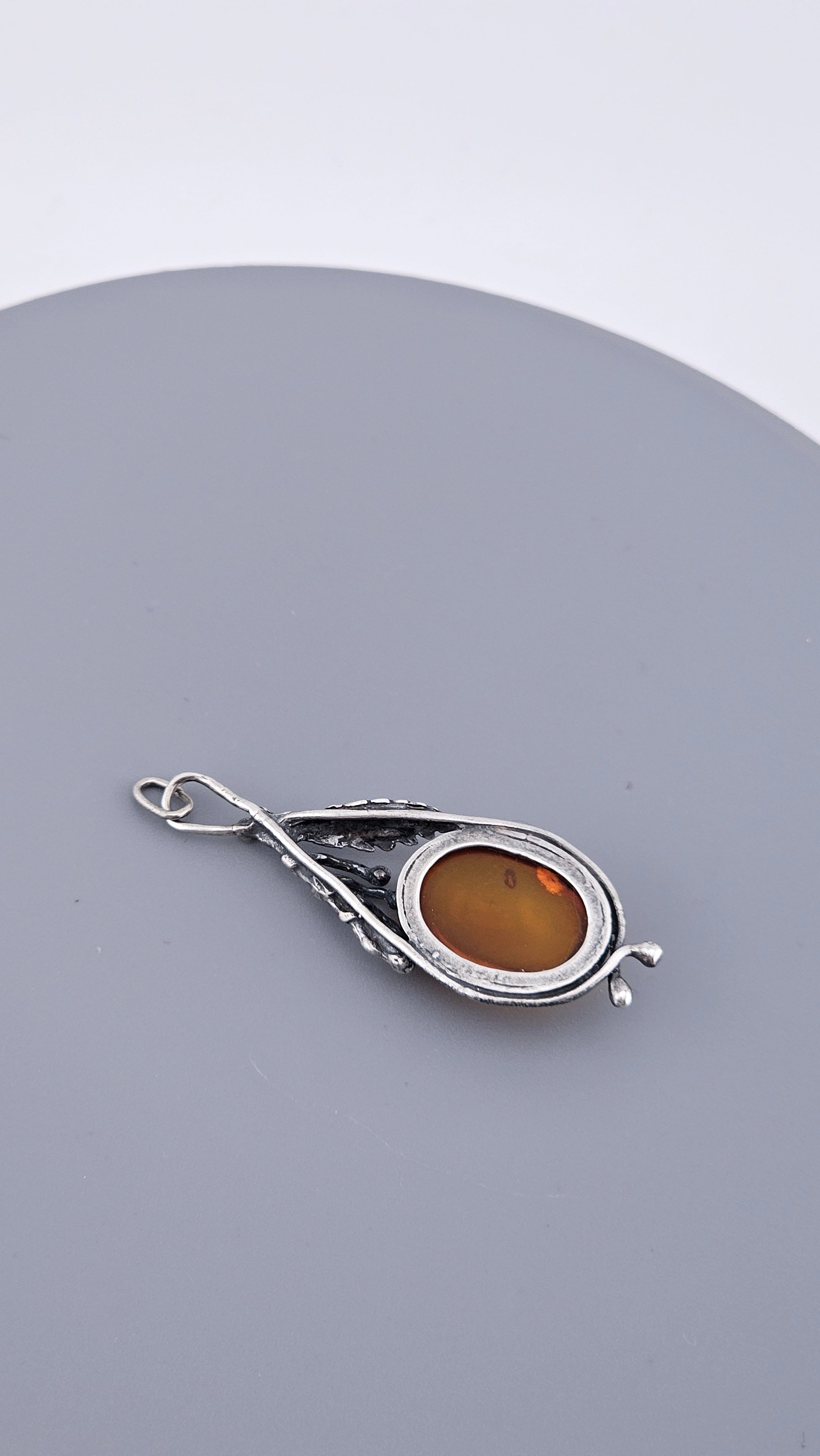 Vintage Baltic Amber & Sterling Silver Botanical Pendant