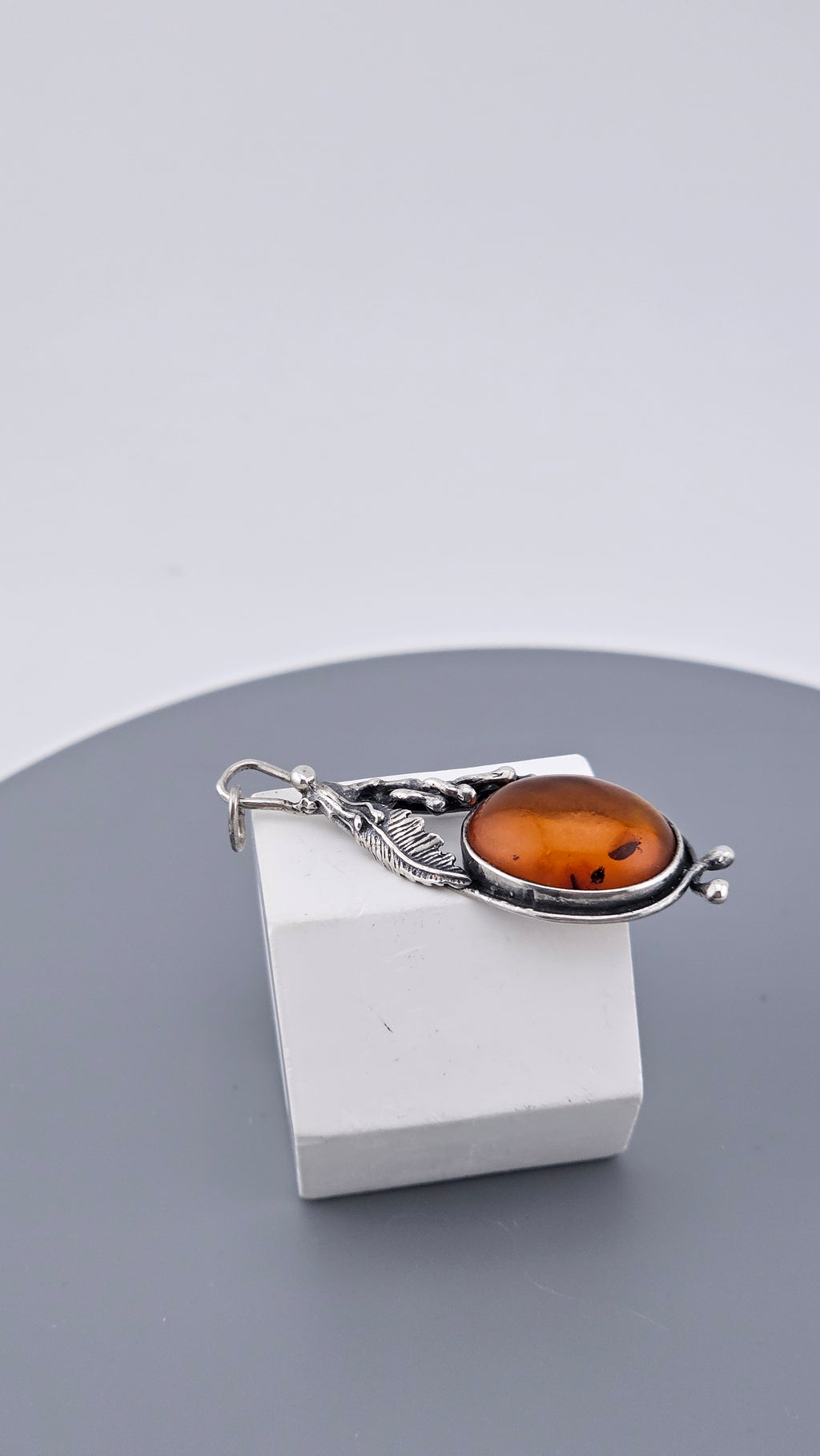 Vintage Baltic Amber & Sterling Silver Botanical Pendant