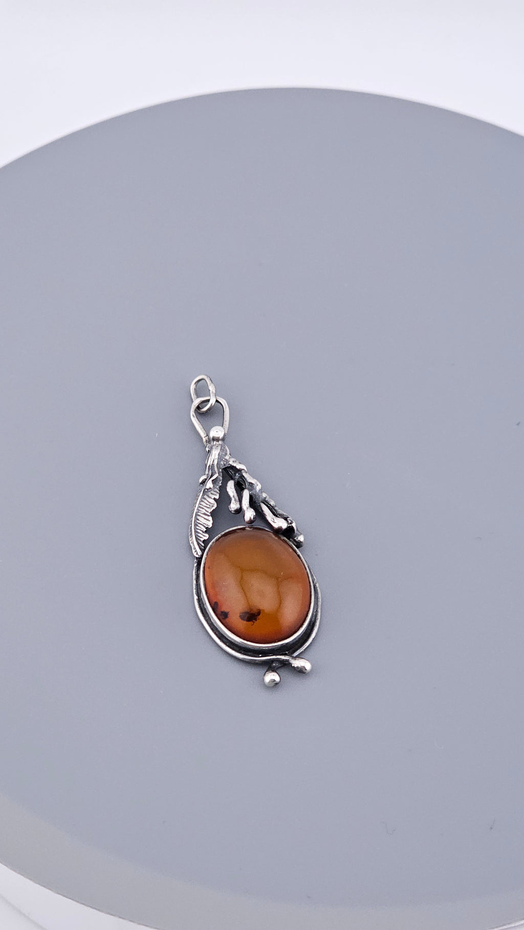 Vintage Baltic Amber & Sterling Silver Botanical Pendant