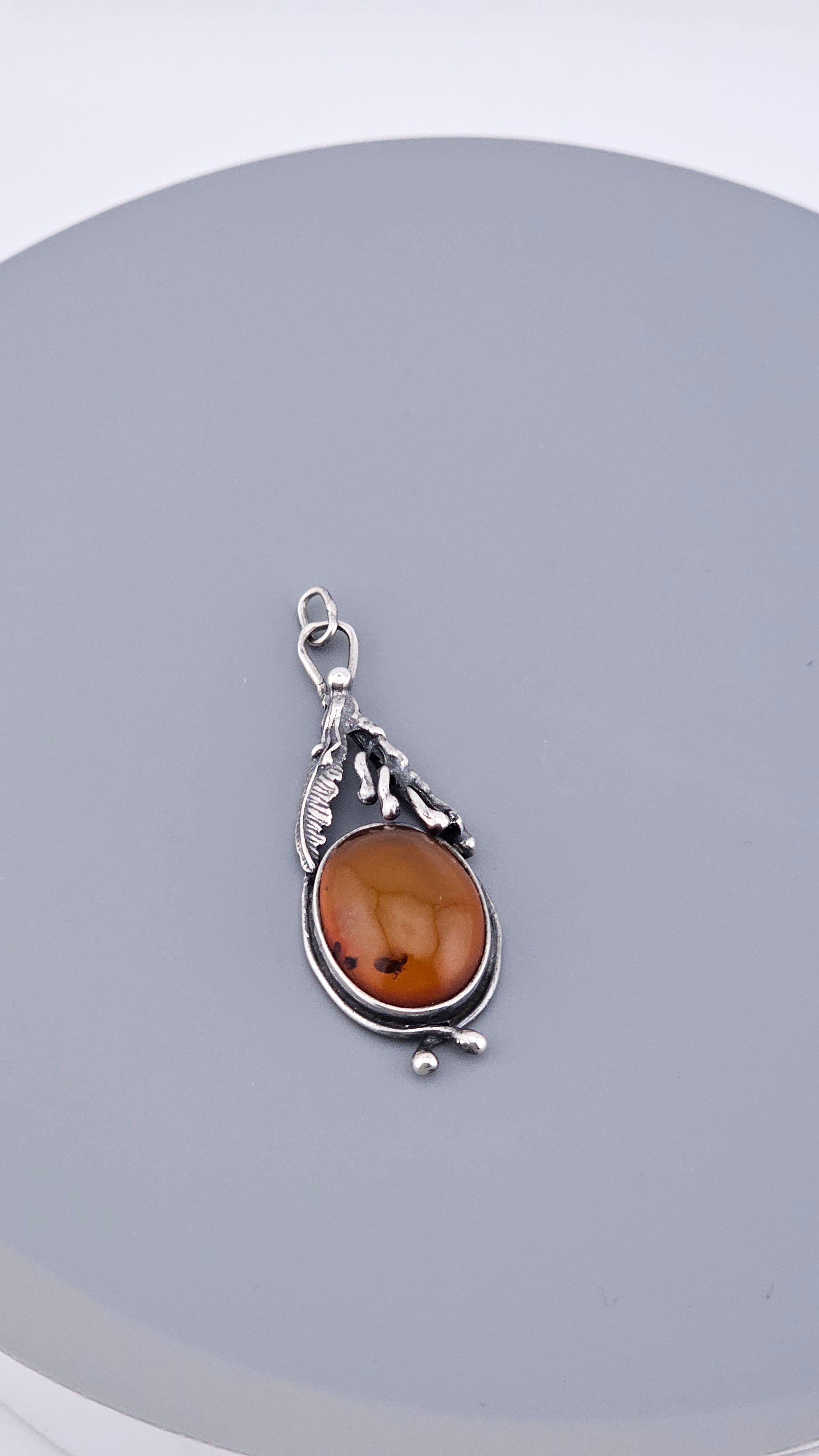 Vintage Baltic Amber & Sterling Silver Botanical Pendant