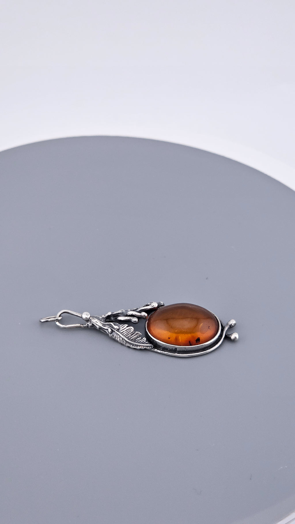 Vintage Baltic Amber & Sterling Silver Botanical Pendant
