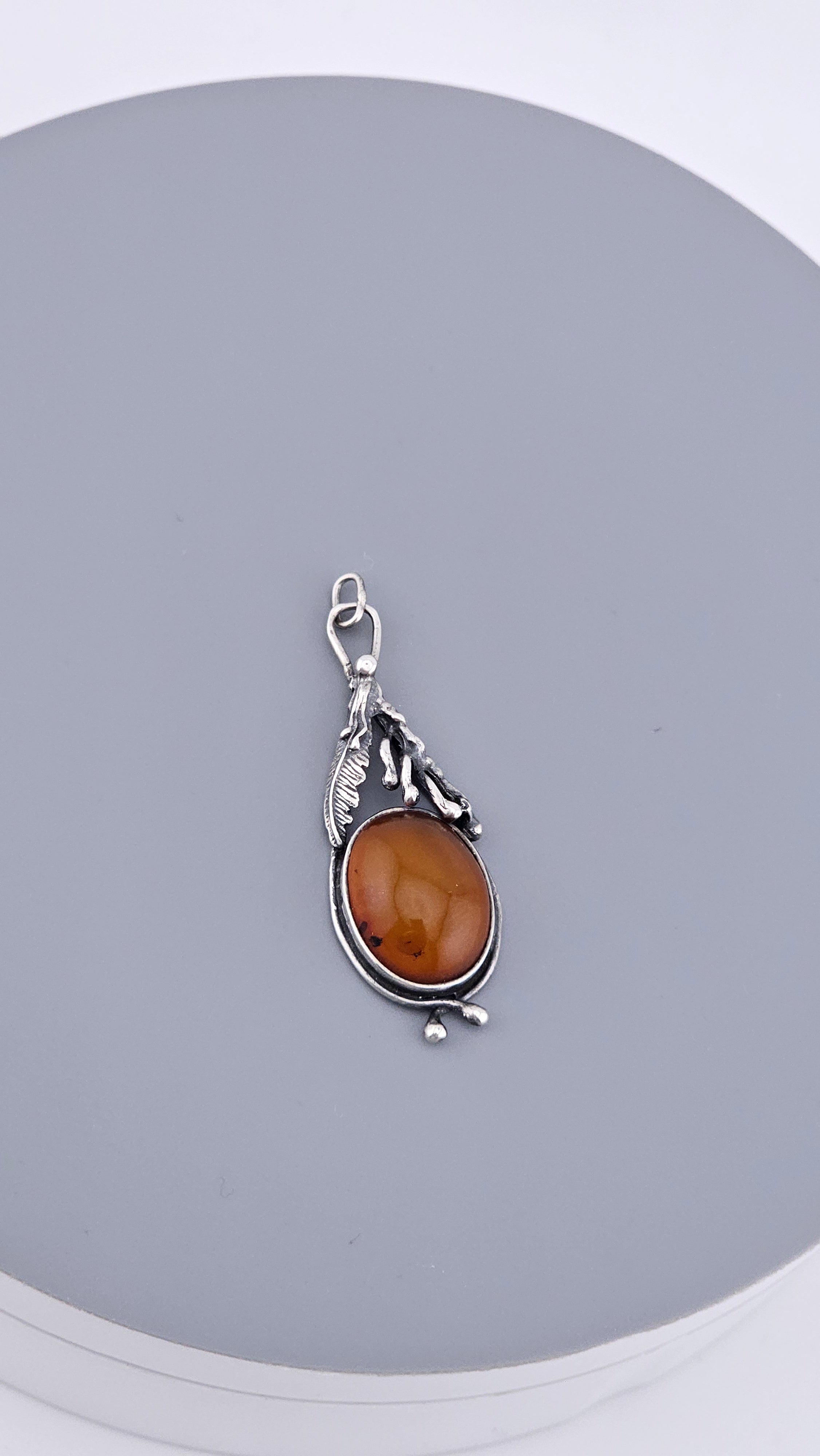 Vintage Baltic Amber & Sterling Silver Botanical Pendant