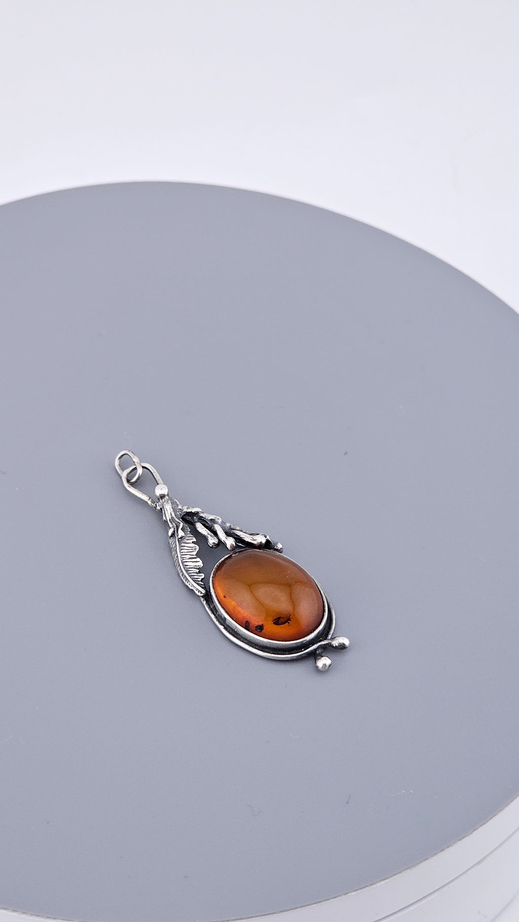 Vintage Baltic Amber & Sterling Silver Botanical Pendant