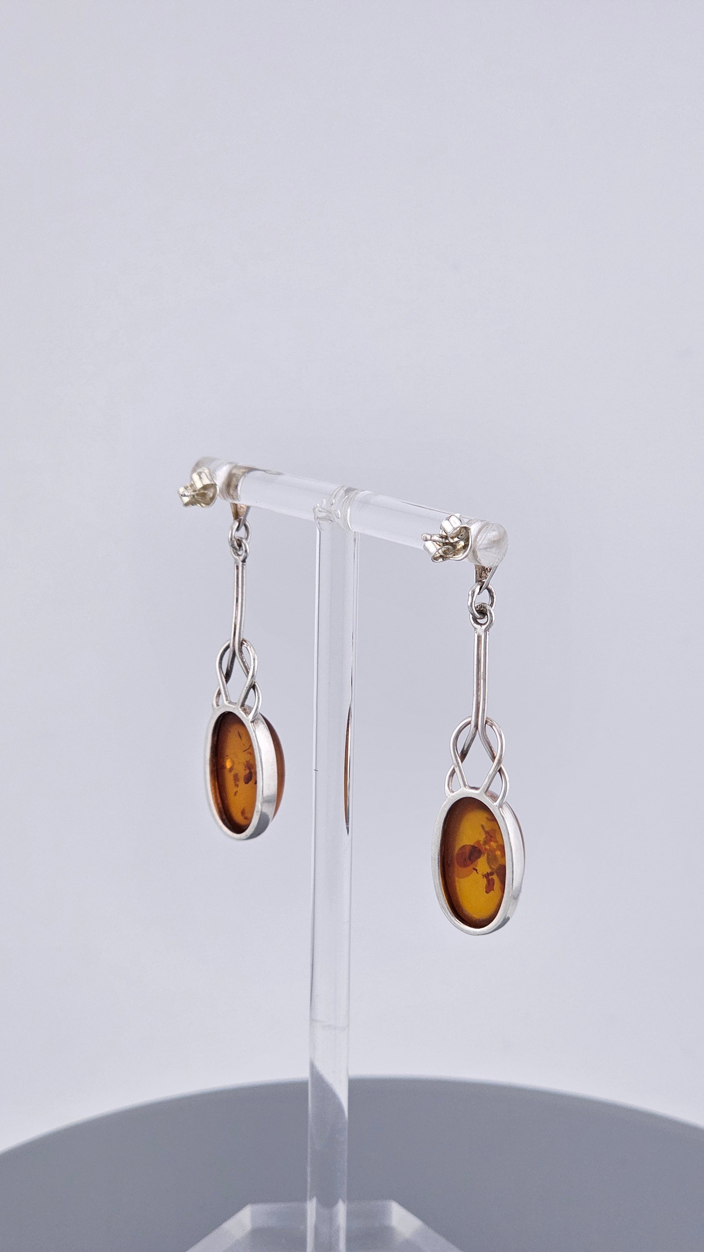 Vintage Sterling Silver Baltic Amber Celtic Knot Drop Earrings