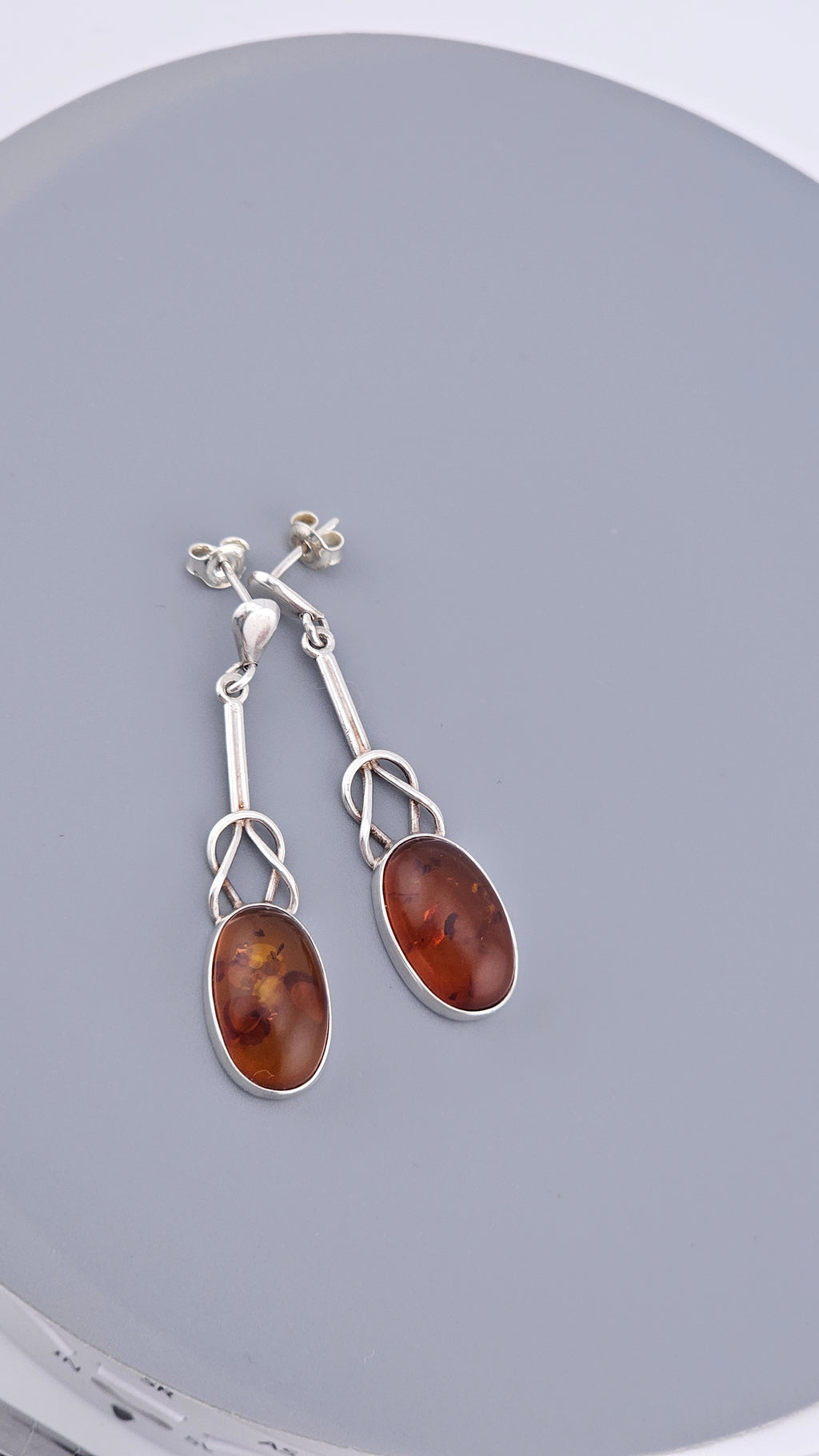 Vintage Sterling Silver Baltic Amber Celtic Knot Drop Earrings
