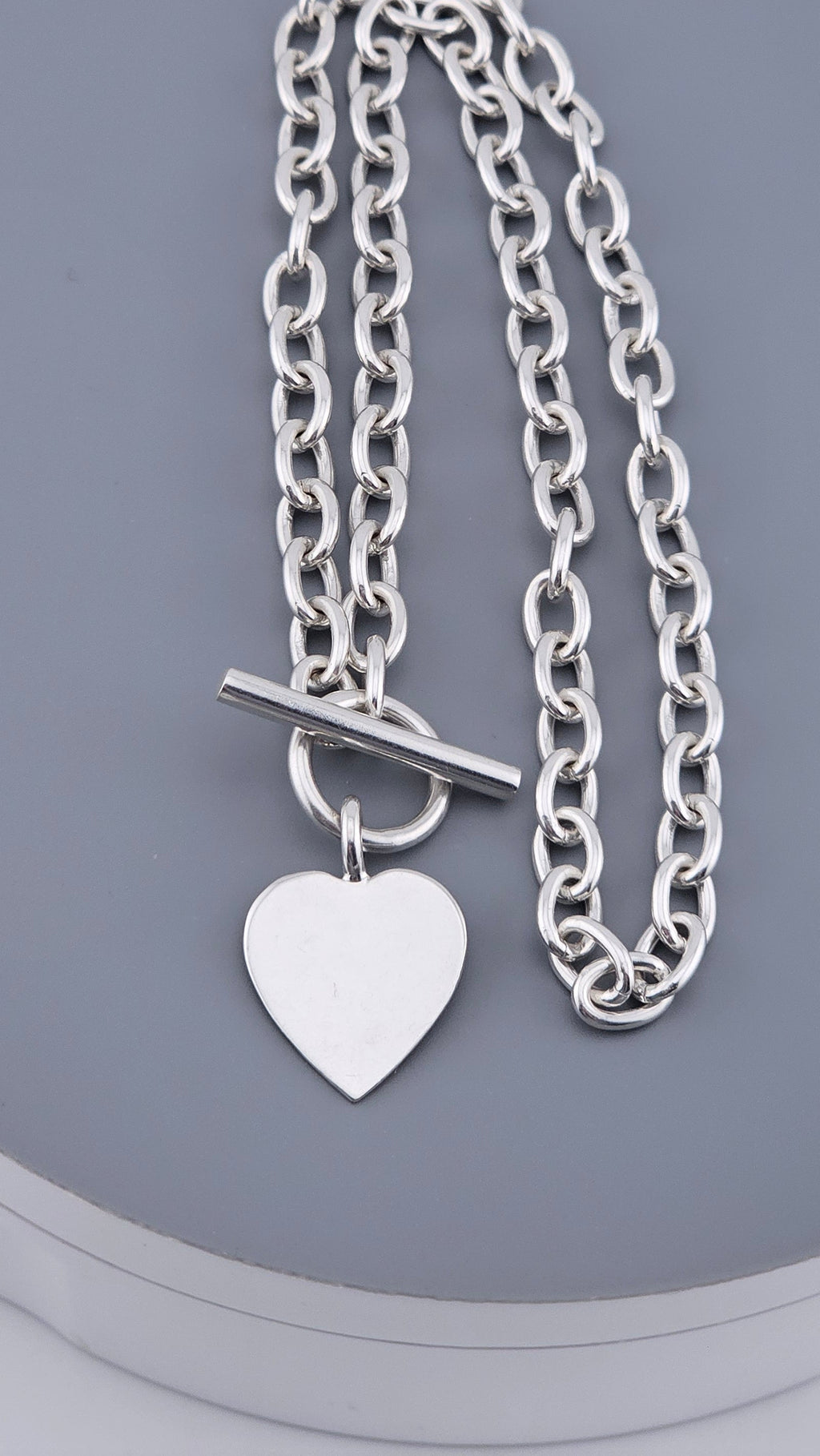 Sterling Silver 925 Chunky Link Necklace with Heart Pendant & T-Bar Toggle Clasp – 29.6g