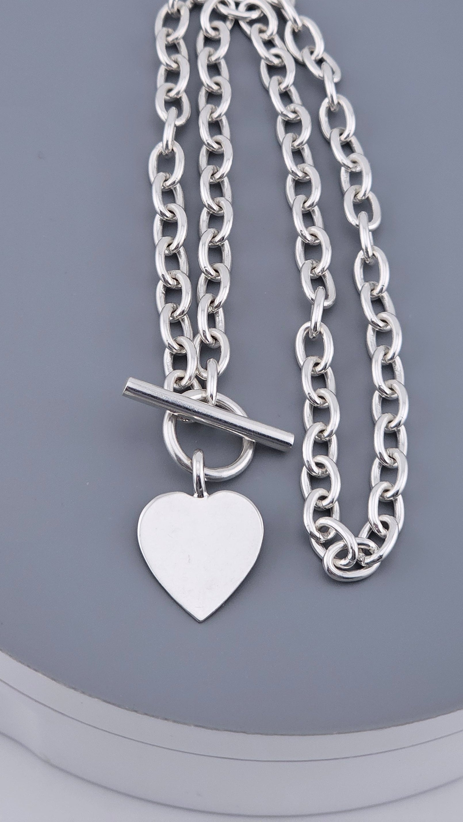 Sterling Silver 925 Chunky Link Necklace with Heart Pendant & T-Bar Toggle Clasp – 29.6g