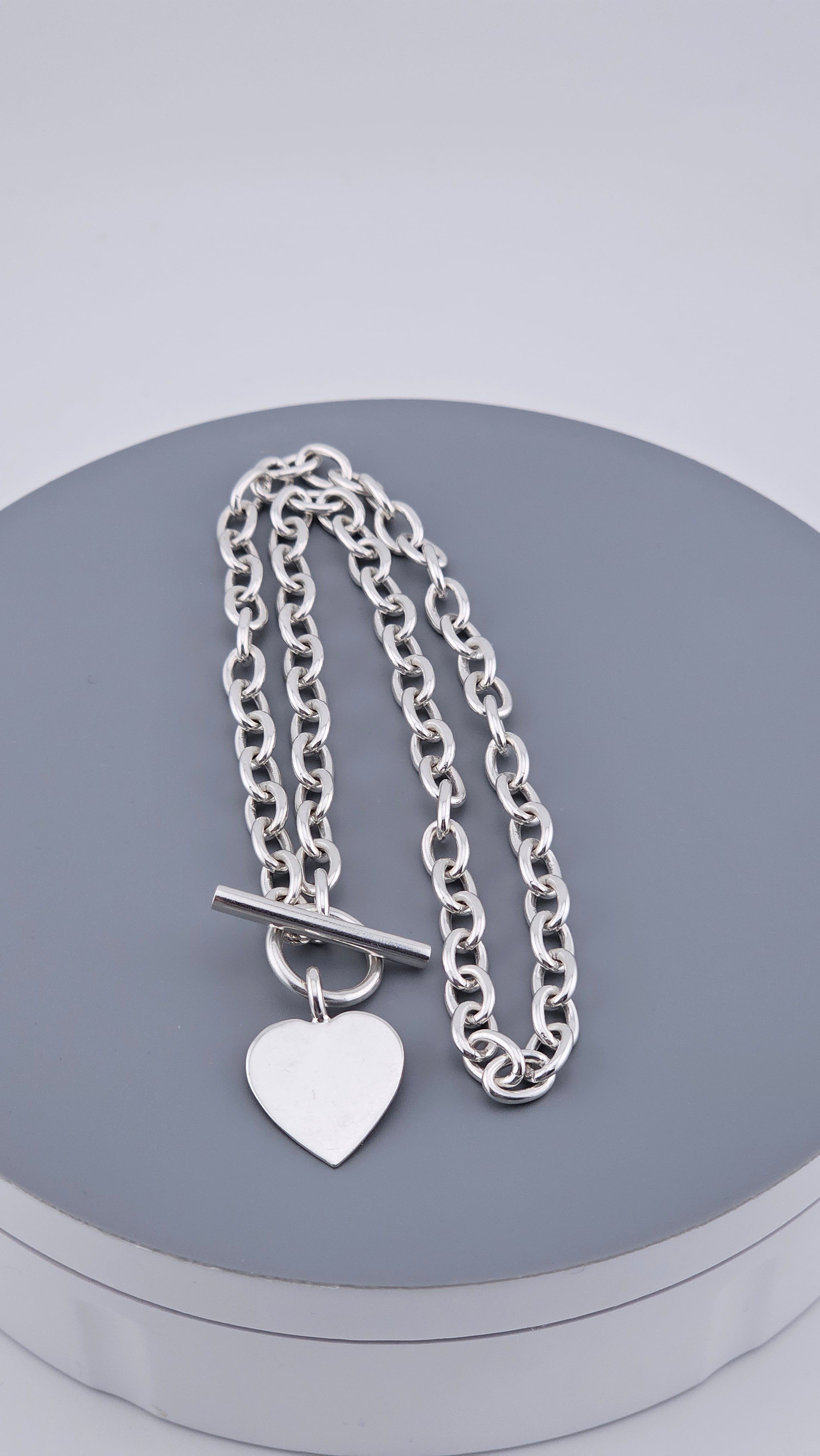 Sterling Silver 925 Chunky Link Necklace with Heart Pendant & T-Bar Toggle Clasp – 29.6g