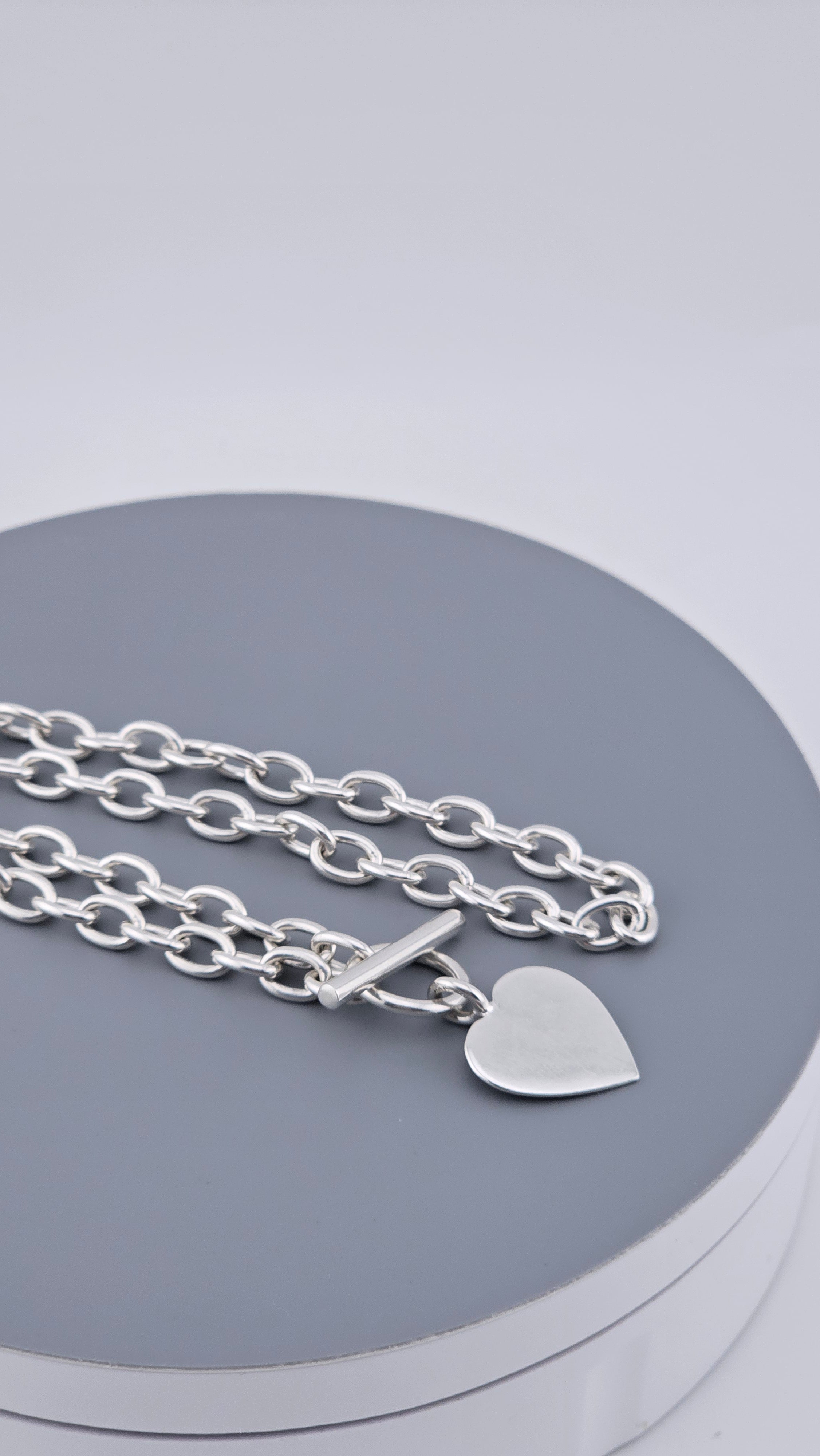 Sterling Silver 925 Chunky Link Necklace with Heart Pendant & T-Bar Toggle Clasp – 29.6g