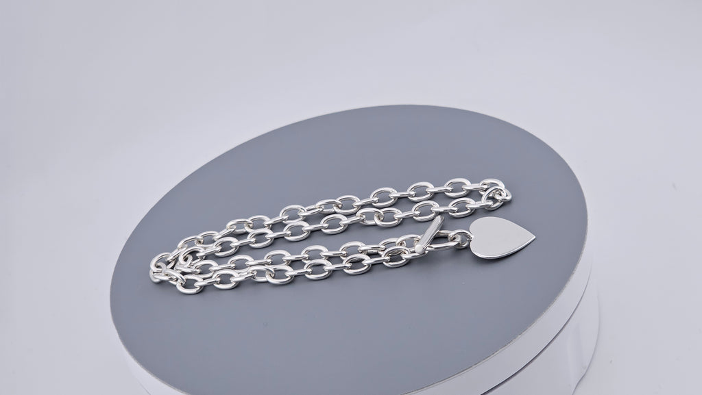 Sterling Silver 925 Chunky Link Necklace with Heart Pendant & T-Bar Toggle Clasp – 29.6g