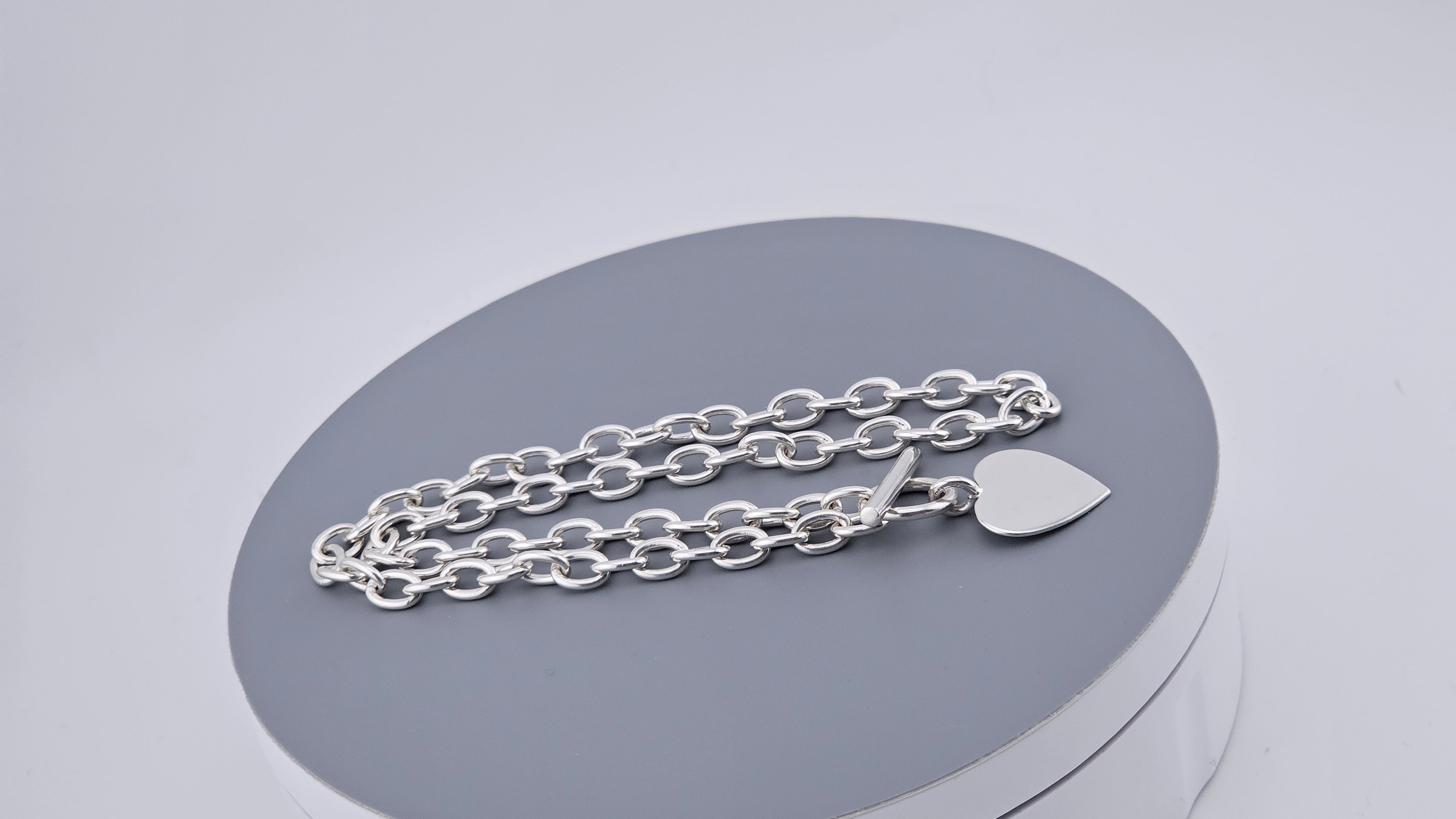 Sterling Silver 925 Chunky Link Necklace with Heart Pendant & T-Bar Toggle Clasp – 29.6g