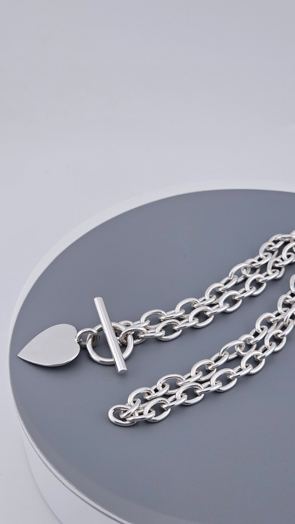 Sterling Silver 925 Chunky Link Necklace with Heart Pendant & T-Bar Toggle Clasp – 29.6g