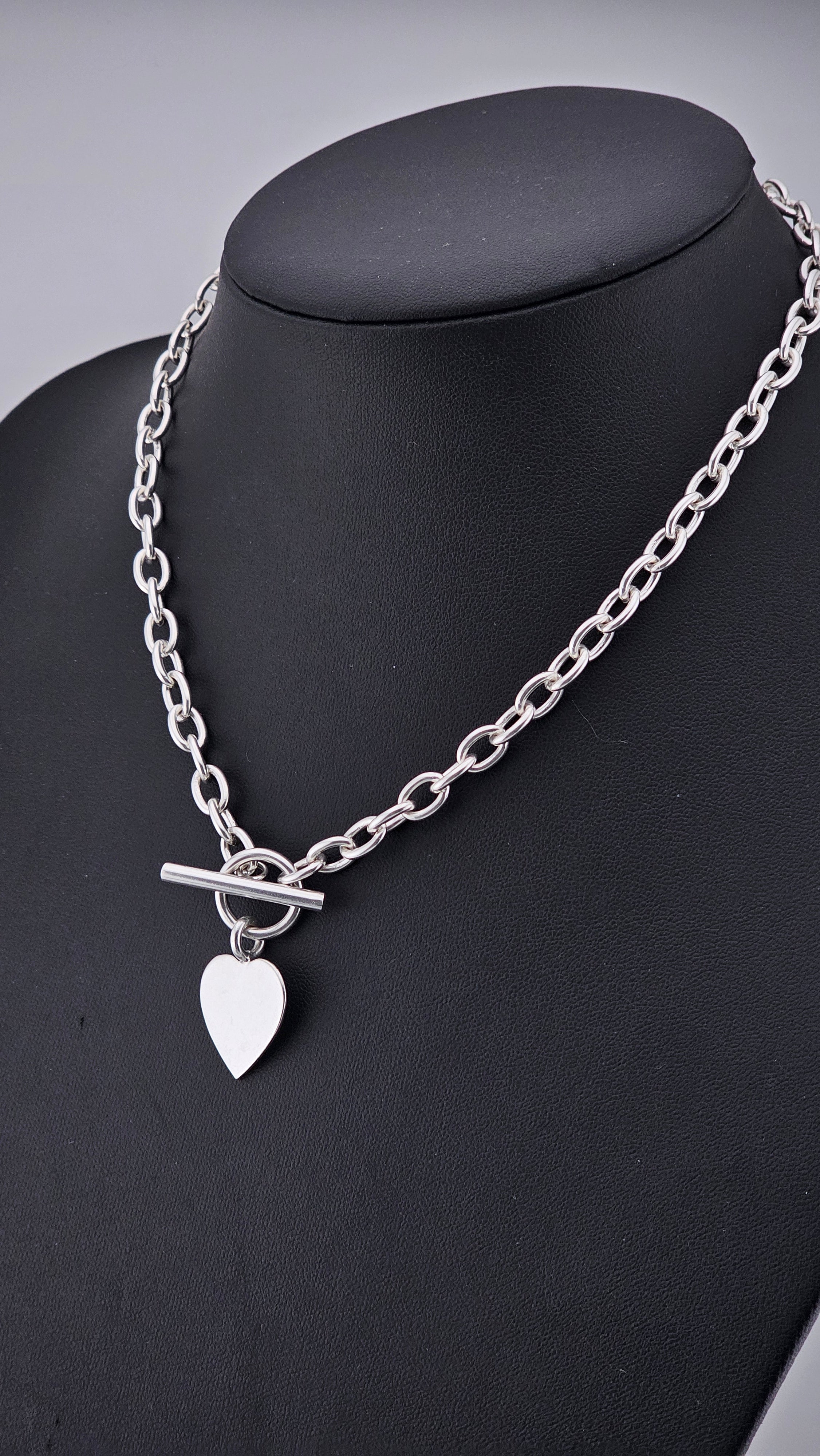 Sterling Silver 925 Chunky Link Necklace with Heart Pendant & T-Bar Toggle Clasp – 29.6g