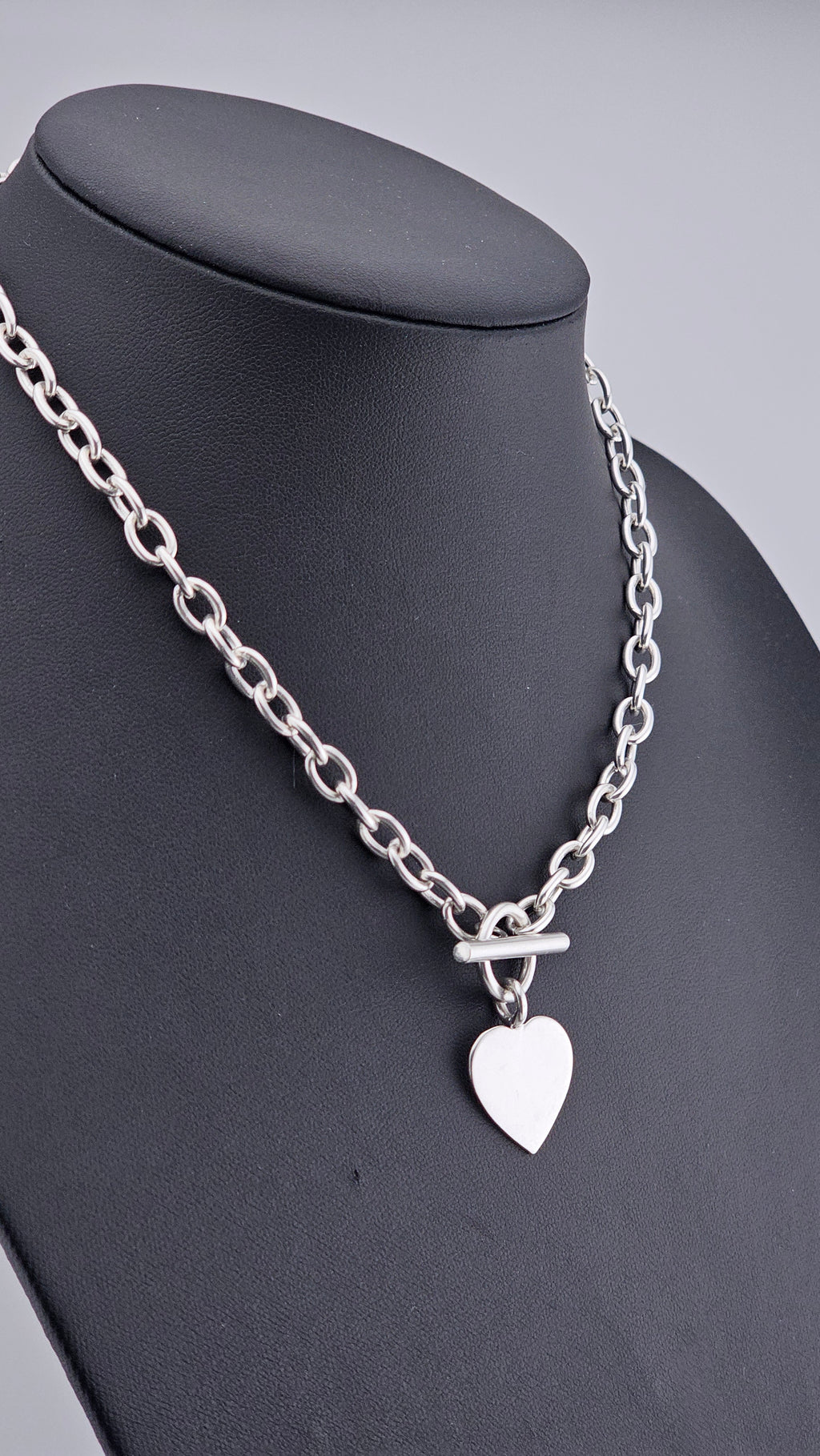 Sterling Silver 925 Chunky Link Necklace with Heart Pendant & T-Bar Toggle Clasp – 29.6g