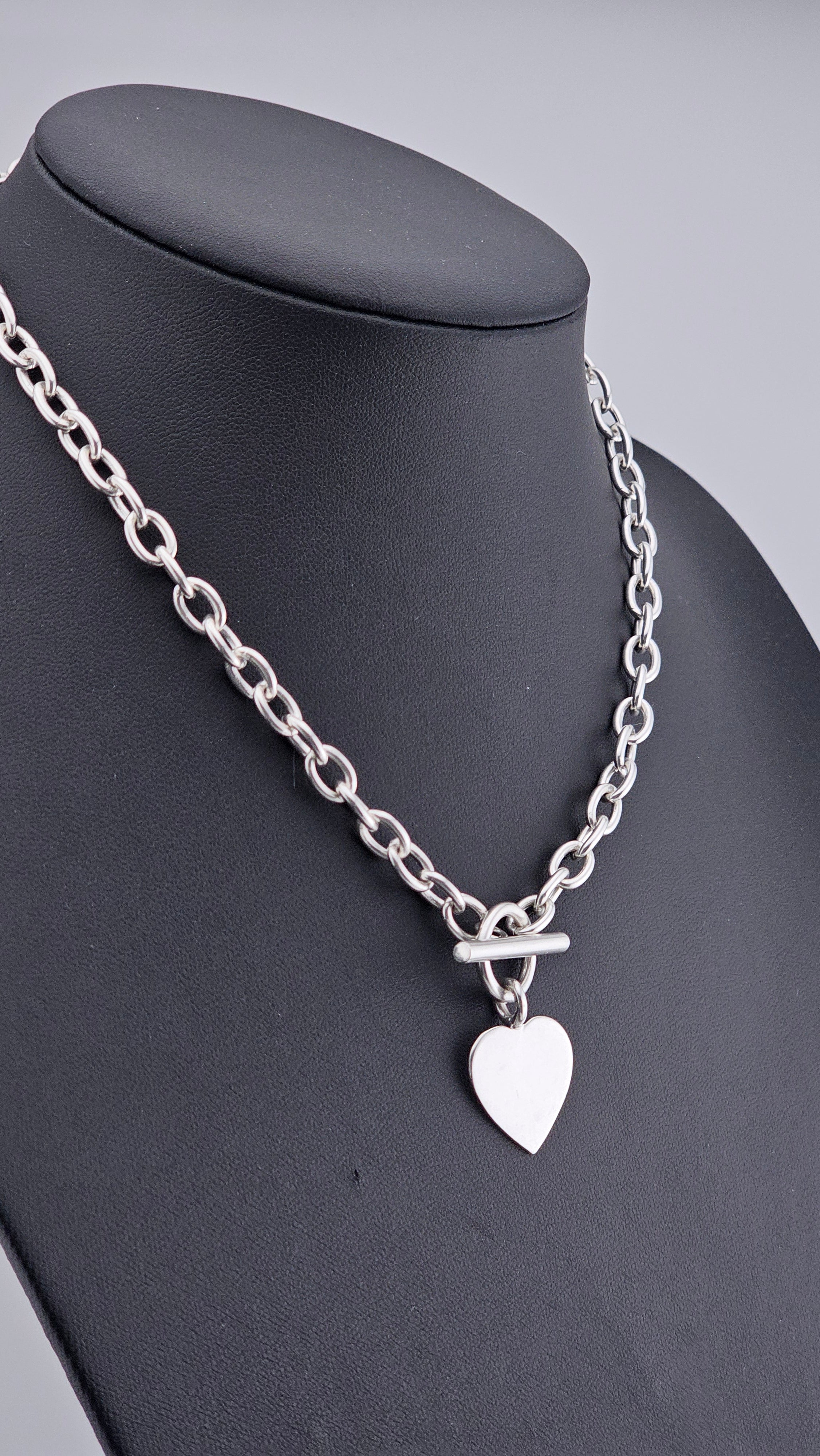 Sterling Silver 925 Chunky Link Necklace with Heart Pendant & T-Bar Toggle Clasp – 29.6g