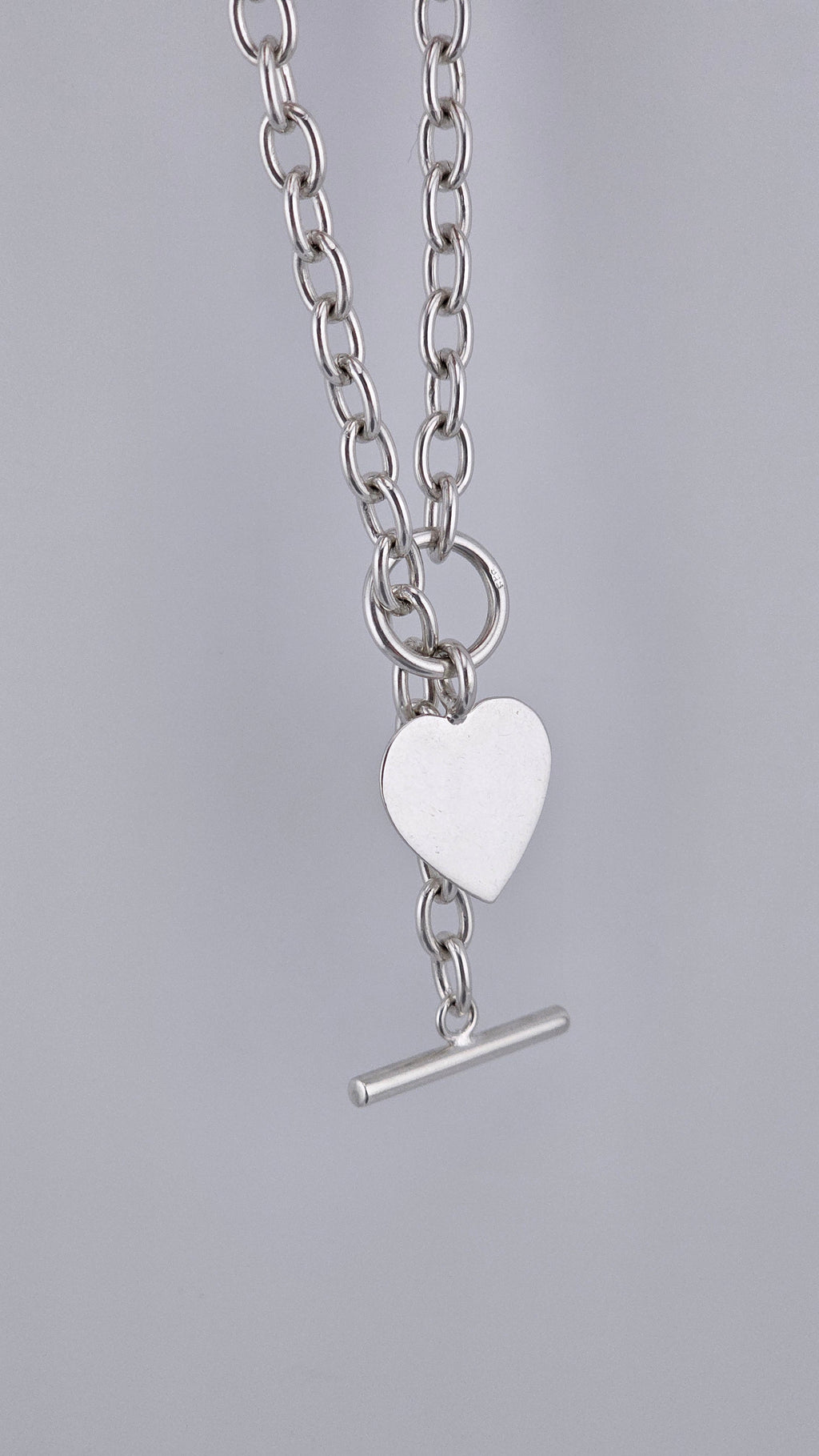 Sterling Silver 925 Chunky Link Necklace with Heart Pendant & T-Bar Toggle Clasp – 29.6g