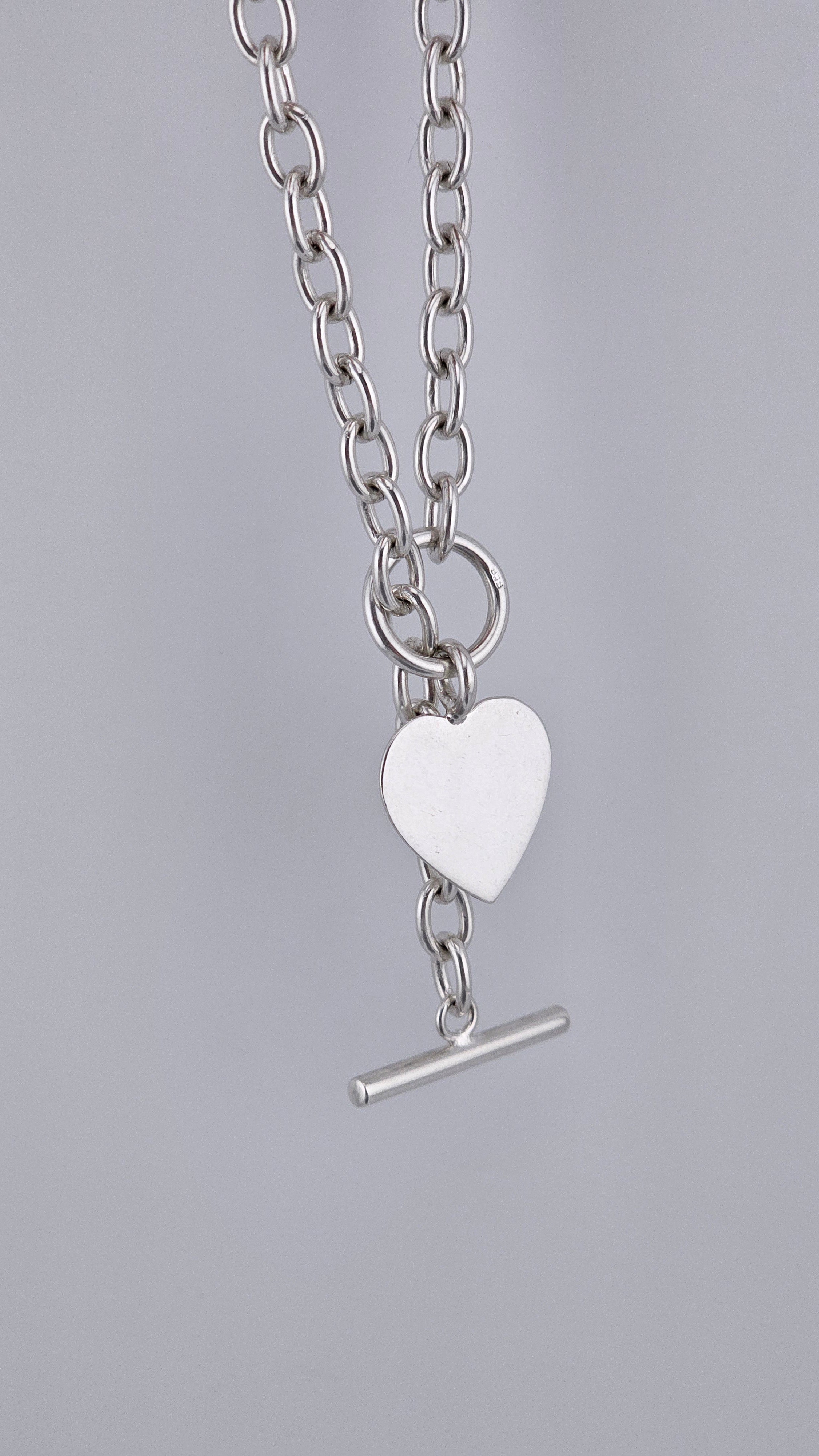 Sterling Silver 925 Chunky Link Necklace with Heart Pendant & T-Bar Toggle Clasp – 29.6g