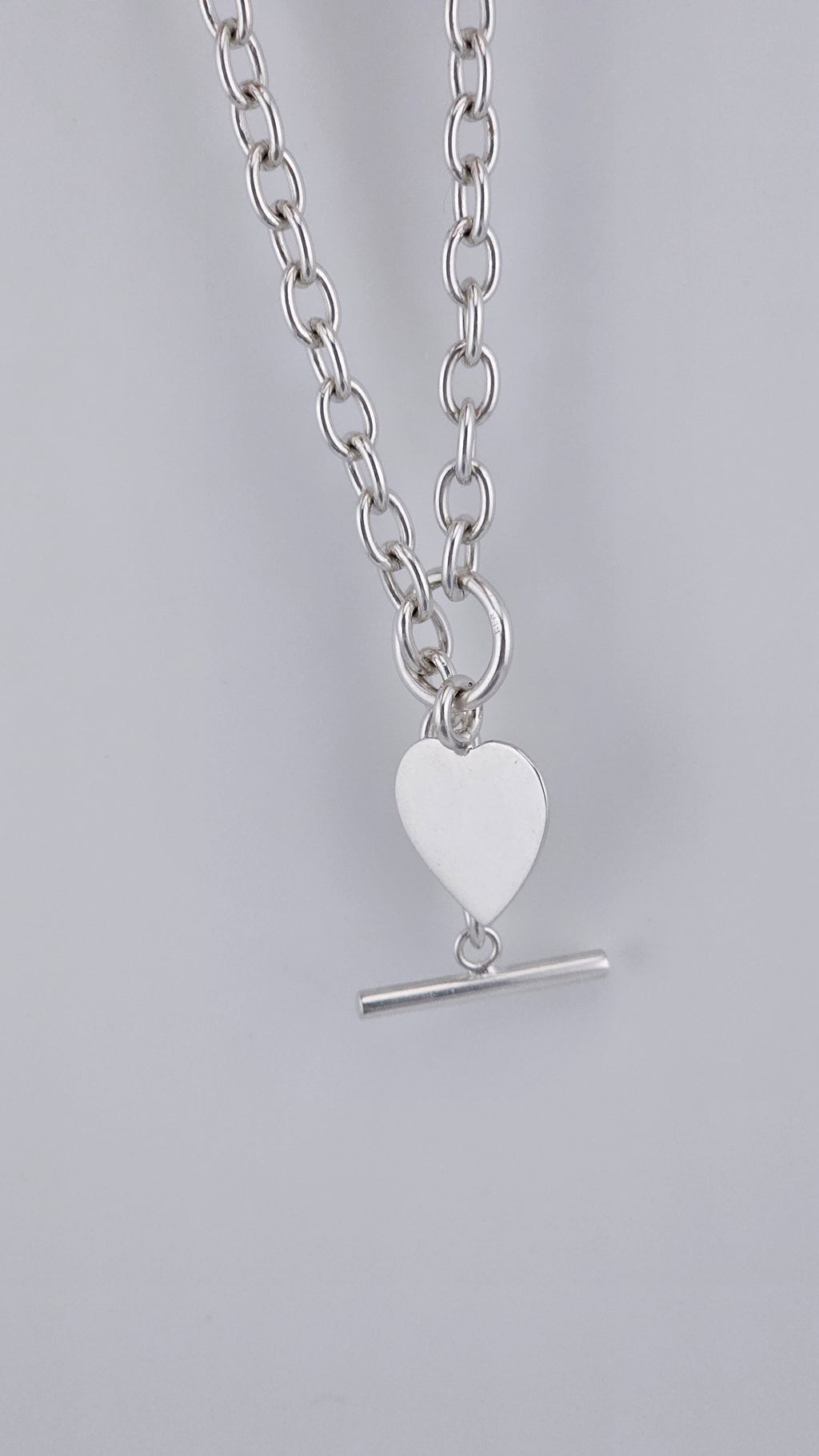 Sterling Silver 925 Chunky Link Necklace with Heart Pendant & T-Bar Toggle Clasp – 29.6g