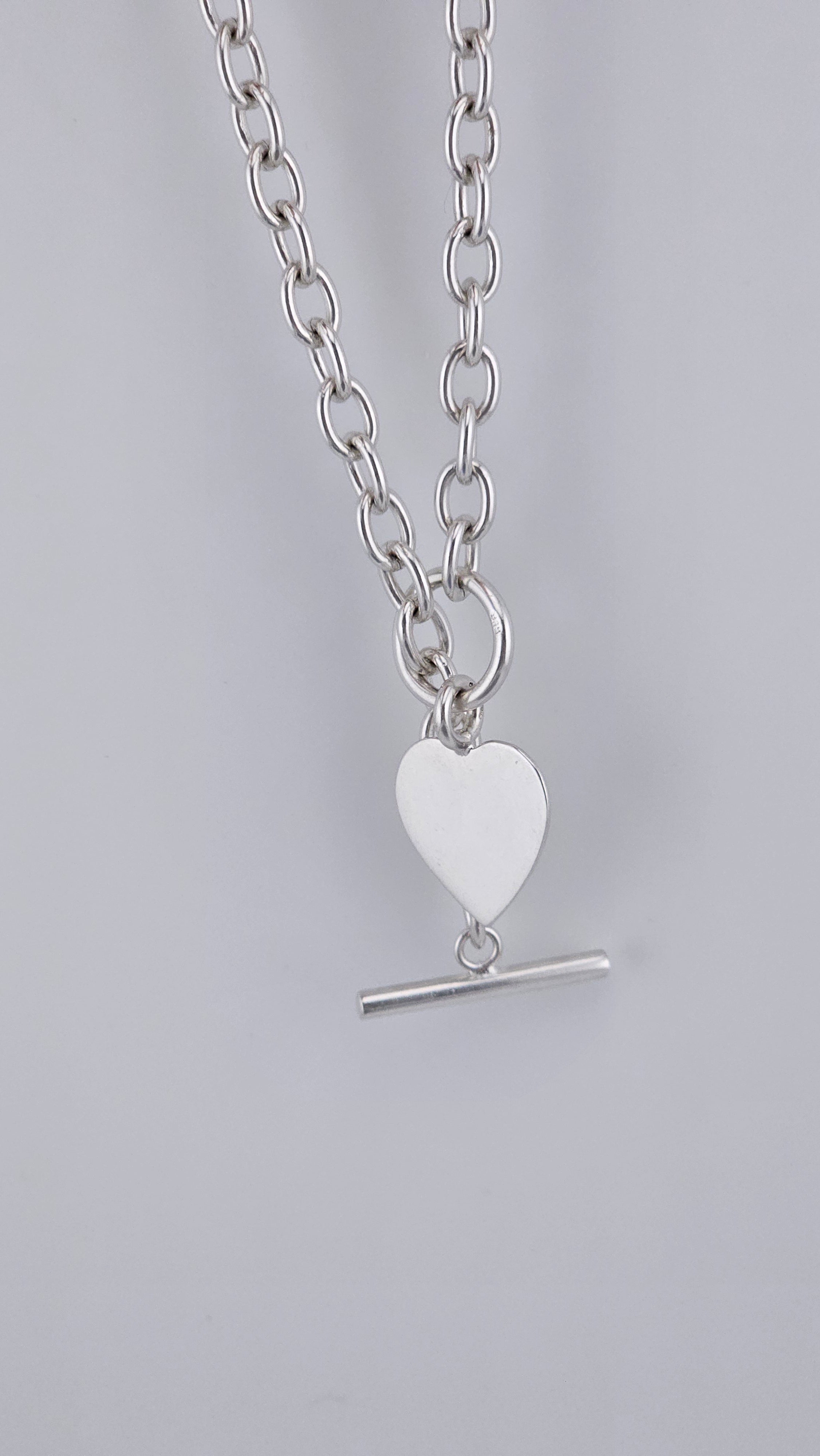 Sterling Silver 925 Chunky Link Necklace with Heart Pendant & T-Bar Toggle Clasp – 29.6g