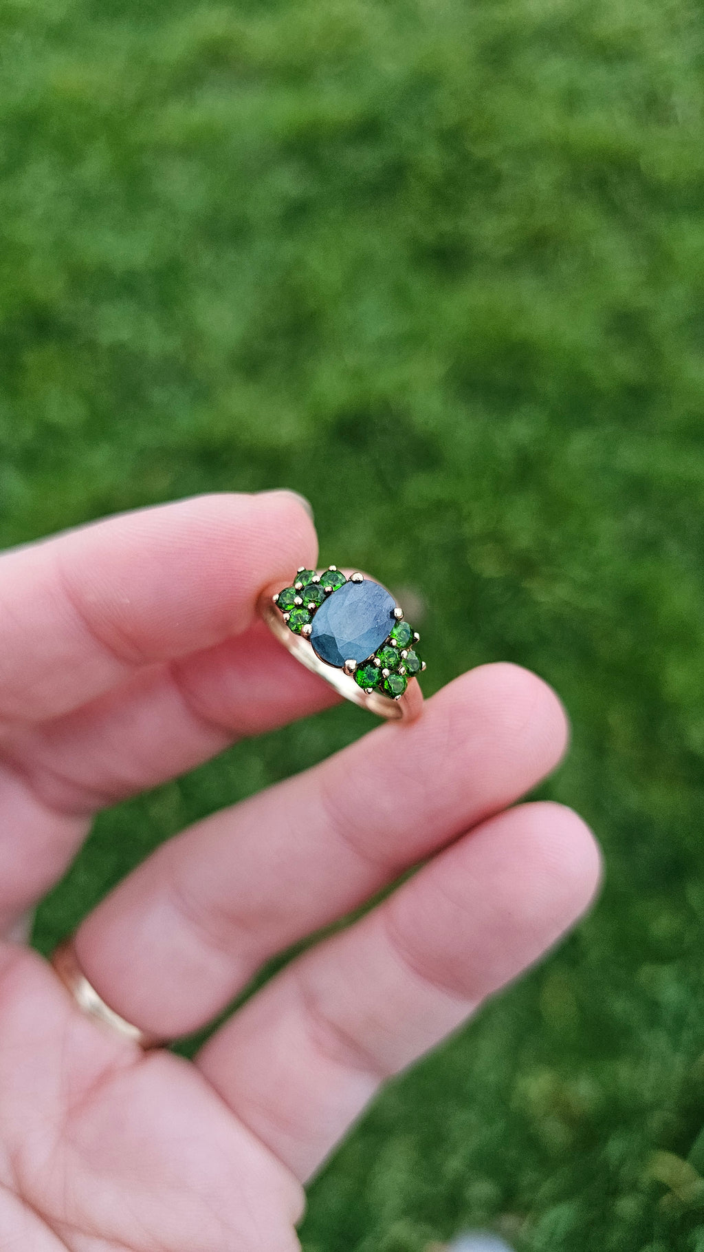 9ct Yellow Gold Natural Sapphire & Chrome Diopside ring , size Q 1/2