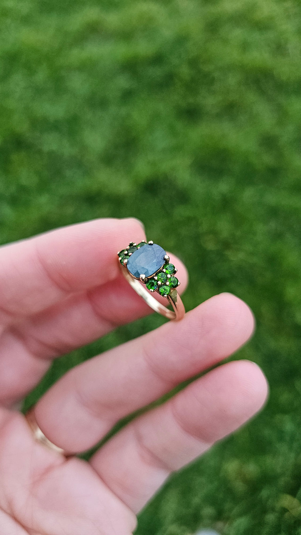 9ct Yellow Gold Natural Sapphire & Chrome Diopside ring , size Q 1/2
