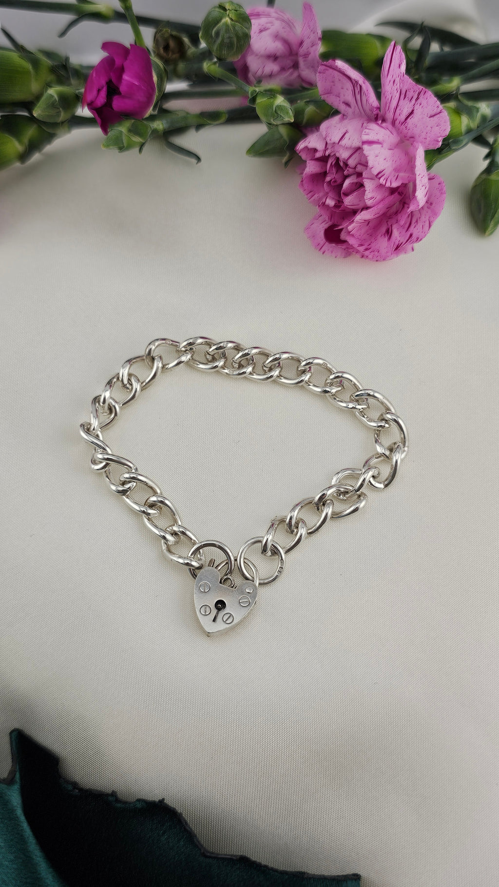 Vintage 925 Sterling Silver Heart Padlock Curb Bracelet, 17cm