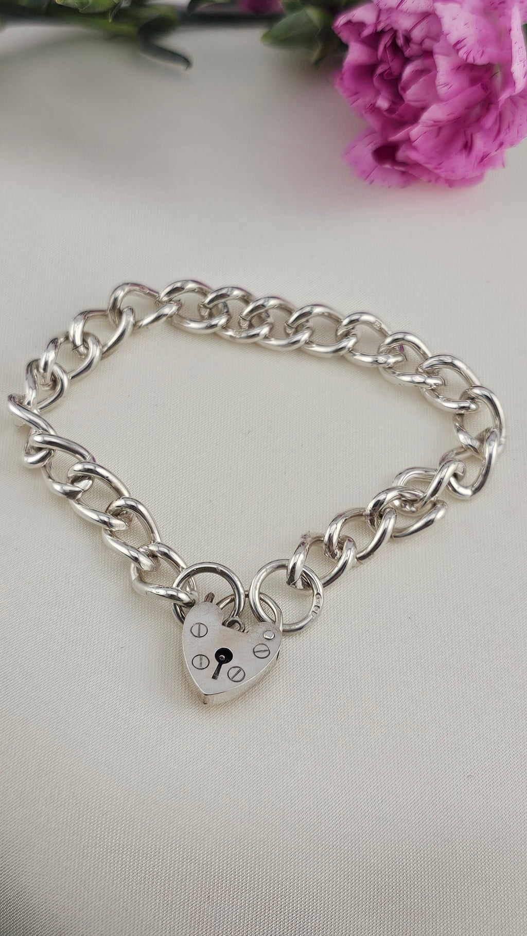 Vintage 925 Sterling Silver Heart Padlock Curb Bracelet, 17cm