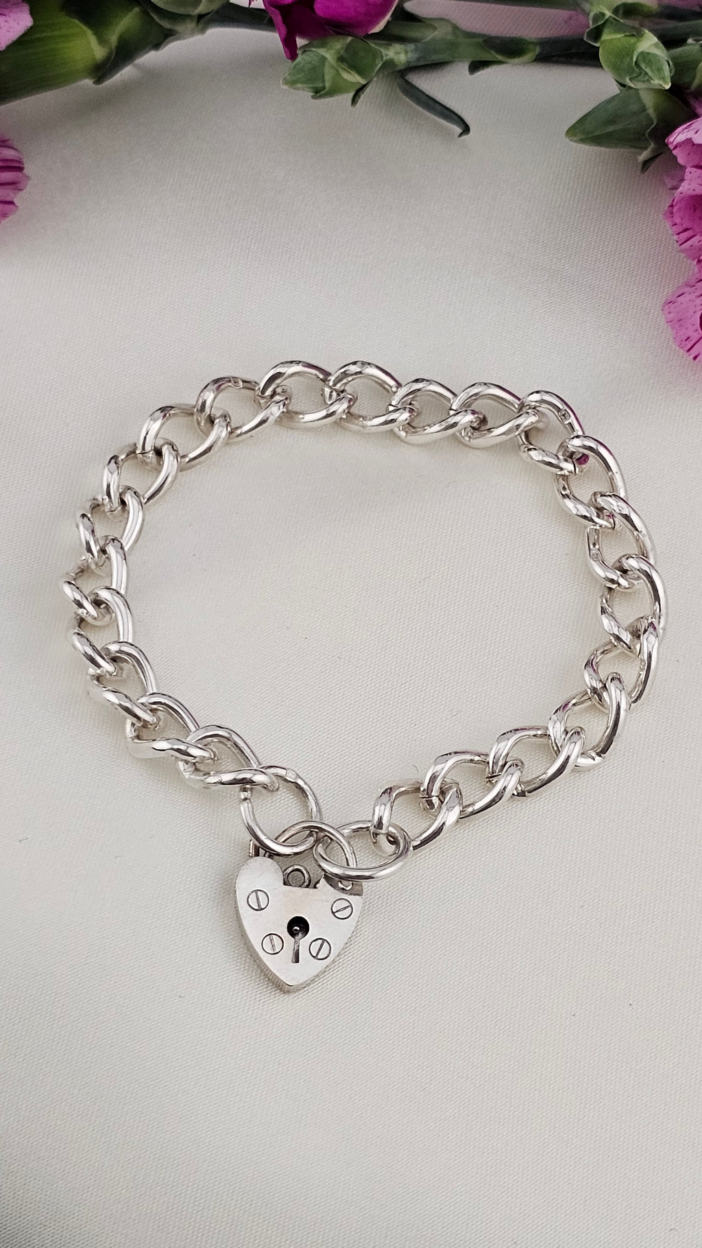 Vintage 925 Sterling Silver Heart Padlock Curb Bracelet, 17cm