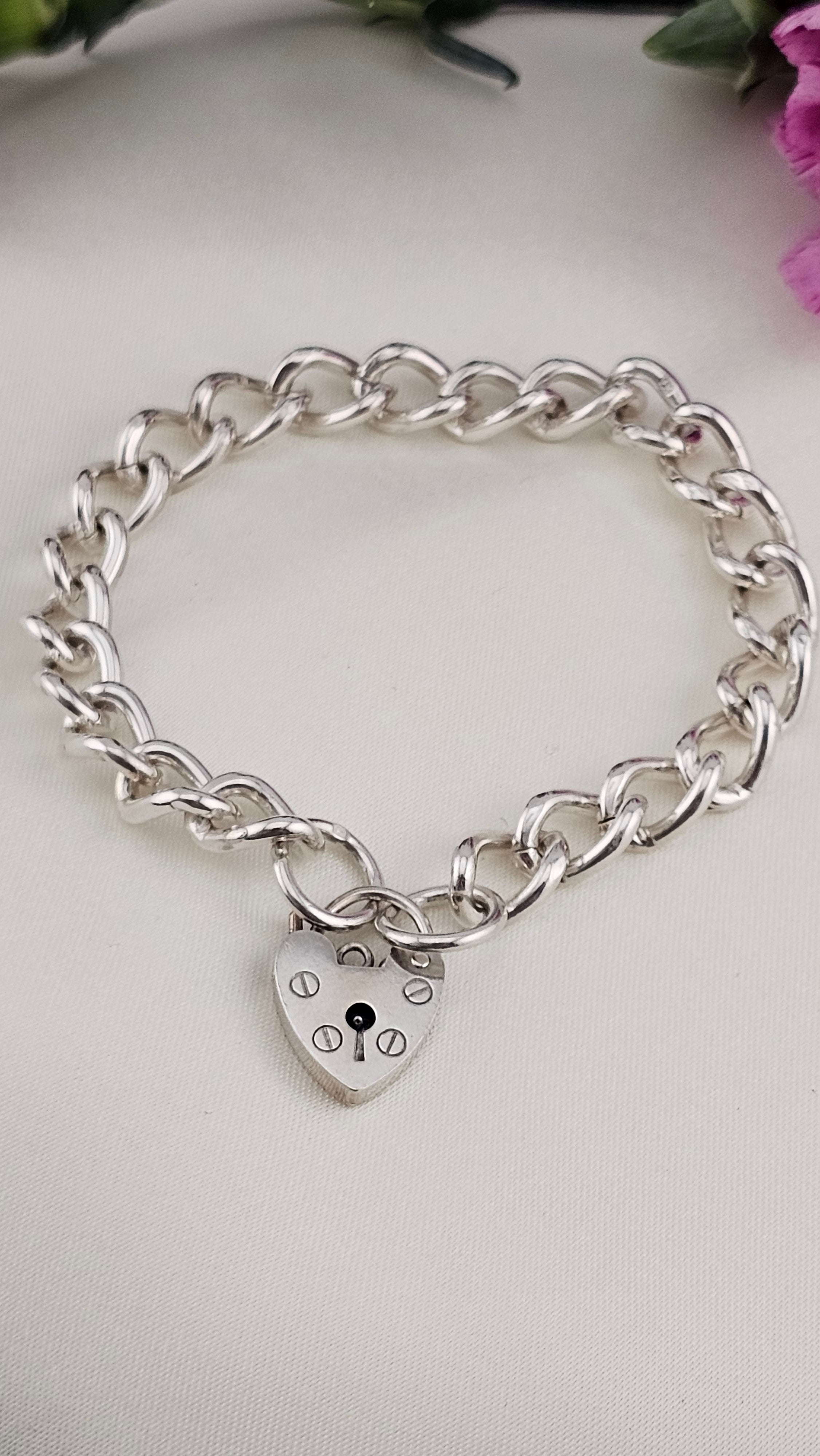 Vintage 925 Sterling Silver Heart Padlock Curb Bracelet, 17cm