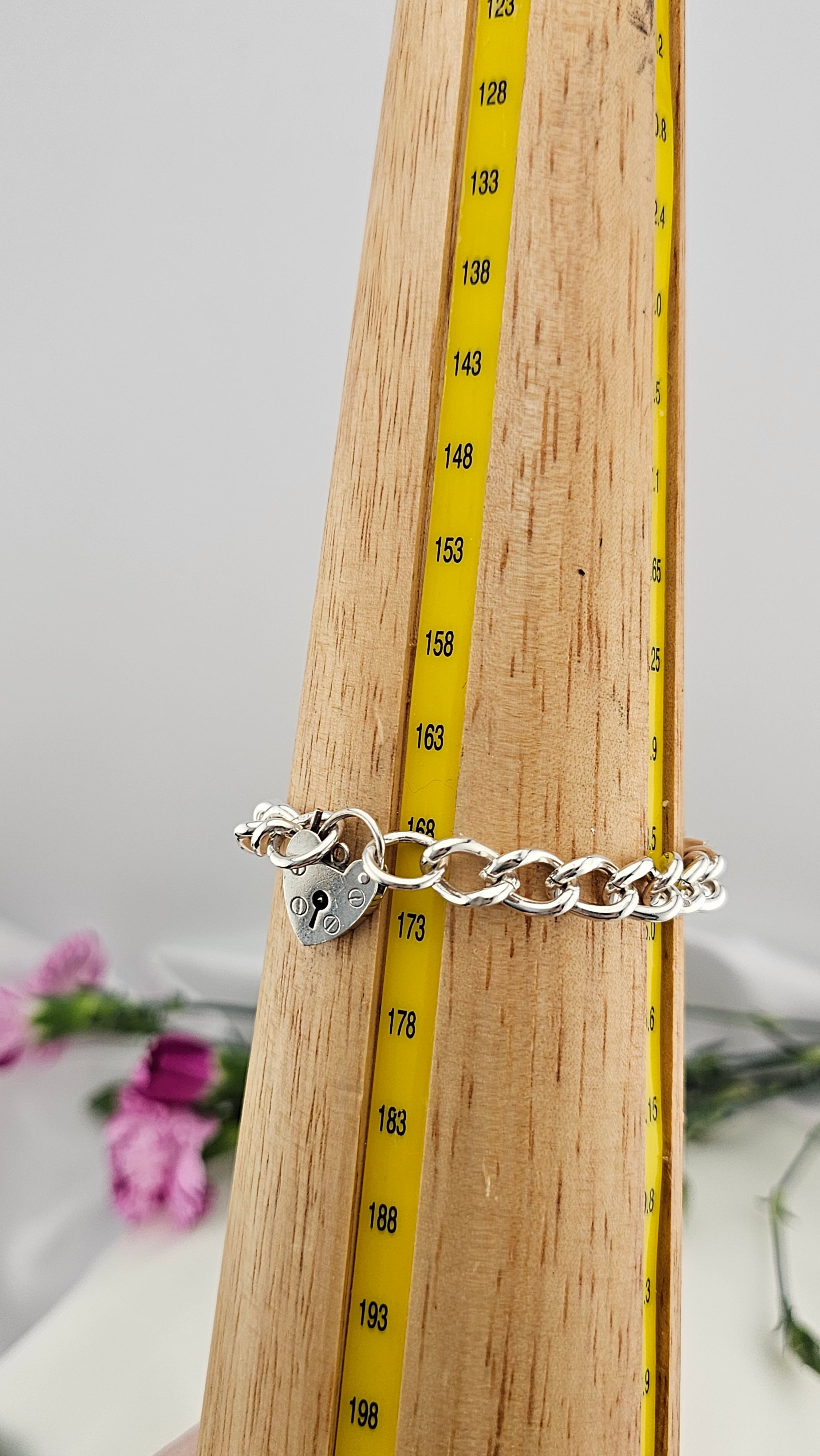 Vintage 925 Sterling Silver Heart Padlock Curb Bracelet, 17cm