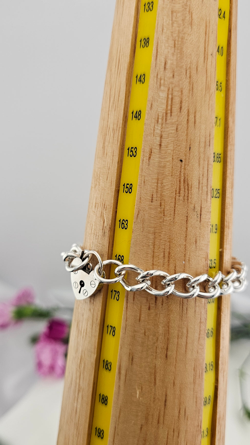 Vintage 925 Sterling Silver Heart Padlock Curb Bracelet, 17cm