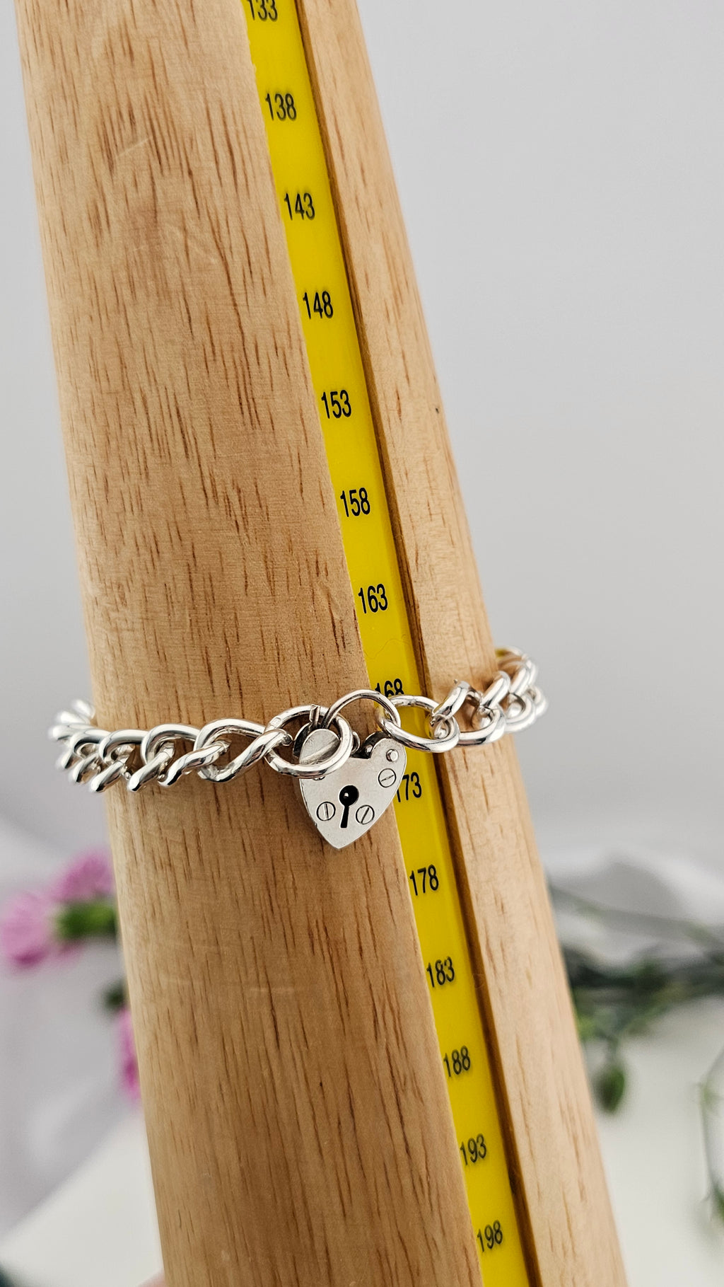 Vintage 925 Sterling Silver Heart Padlock Curb Bracelet, 17cm