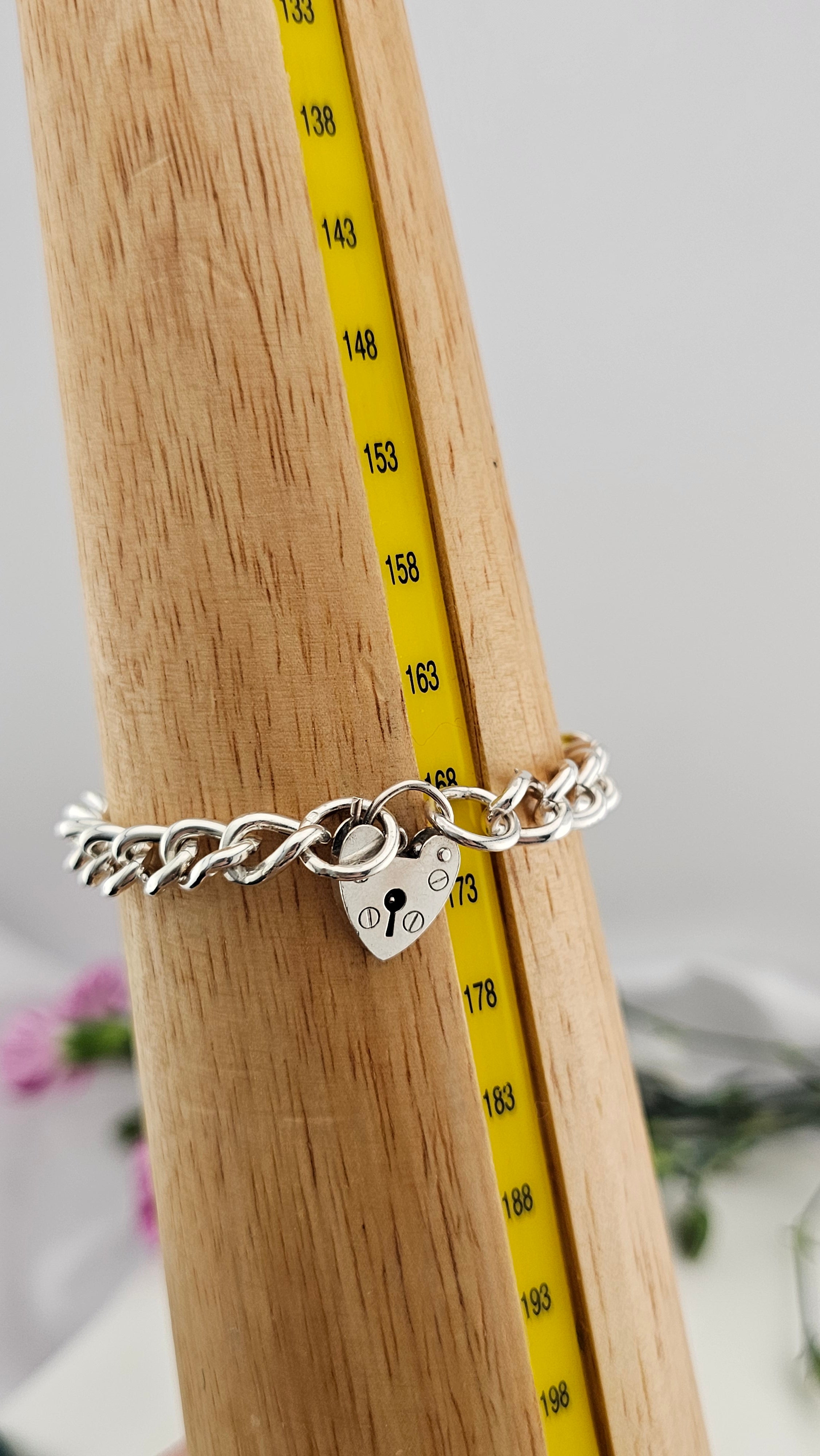 Vintage 925 Sterling Silver Heart Padlock Curb Bracelet, 17cm